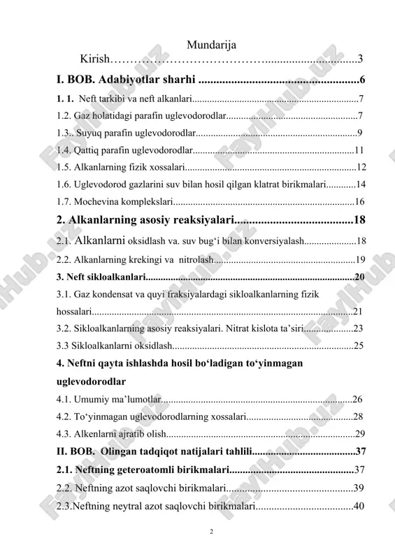 evodorodlar 4.1. umumiy ma’lumotlar.............................................................................26 4.2. to‘yinmagan uglevodorodlarning xossalari...........................................28 4.3. alkenlarni ajratib olish............................................................................29 ii. bob. olingan tadqiqot natijalari tahlili.......................................37 2.1. neftning geteroatomli birikmalari...............................................37 2.2. neftning azot saqlovchi birikmalari................................................39 2.3.neftning neytral azot saqlovchi birikmalari.....................................40 kirish prezident islom karimov 2012 yil 17 fevral kuni toshkentdagi simpoziumlar saroyida «yuksak bilimli va intelektual rivojlangan avlodni tarbiyalash – mamlakatni barqaror taraqqiy ettirish va modernizatsiya qilishning eng muhim sharti» xalqaro konferensiyasidagi ma’ruzalarida “kadrlar tayyorlash milliy dasturi deb nom olgan ta’lim sohasini isloh qilish dasturi mamlakatimizda yangi jamiyat qurishning bosqichma-bosqich va tadrijiy rivojlanish prinsipiga asoslangan iqtisodiy va siyosiy islohatlarning biz tanlagan “o‘zbek modeli”- o‘z taraqqiyot yo‘limizning ajralmas tarkibiy qismidir. ushbu dastur jiddiy izlanish tadqiqotlarning, jahondagi taraqqiy topgan ilhor tajribasini umumlashtirishning natijasi sifatida o‘tmishdan majburan singdirilgan kommunistik mafkuraning qolip va andozalaridan butunlay voz kechish, odamlarning, birinchi navbatda, unib-o‘sib kelayotgan avlodning ongida demokratik qadriyatlarni mustahkamlashga qaratilgan bo‘lib, qisqacha aytganda, bu dastur hayotda o‘z fikriga, o‘zining qarashlari va qat’iy grajdanlik pozitsiyasiga …