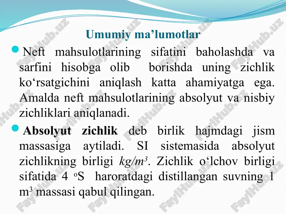 z bо‘lishi mumkin. asbobning eng pastki qismi konussimon shar shaklida qilinib, uning ichiga pitra solingan. neftedensimetr dala pl-2m va qо‘l rl amaliylari tarkibiga kiradi. tajriba о‘tqazish tartibi ichki diametri 50 mm dan kam bо‘lmagan, balandligi esa 500 mm ga yaqin silindrsimon shisha idish tanlab olinadi. idish tozalab yuvilgan va quritilgan bо‘lishi kerak. tekshirilayotgan neft mahsuloti 20-30 sekund davomida chayqatilib, silindrsimon idishga quyiladi. bunda neft mahsuloti harorati 5 os dan kо‘p farq qilmasligi kerak. idishga quyilgan neft mahsuloti tinguncha kutib turiladi va uning zichlanishiga yaqin neftedensimetr tanlab olinadi. neftedensimetrning eng yuqori qismidan ushlab, sekin neft mahsulotiga tushiriladi. asbobning sinishi va urilishining oldini olish uchun neftedensimetrni idishning tagiga tekkuncha tushiriladi va ehtiyotkorlik bilan qо‘yib yuboriladi. asbob tebranishdan tо‘xtab, muvozanat holiga kelguncha kutib turiladi va neft mahsuloti yuqori sathi bо‘yicha asbobning zichlik kо‘rsatgichi yozib olinadi. termometr kо‘rsatgichi bо‘yicha neft mahsuloti harorati aniqlanadi. olingan ma’lumotlar 3-jadvalga yoziladi. tajriba о‘tkazilayotgan paytda neft mahsulotining harorati 20 …