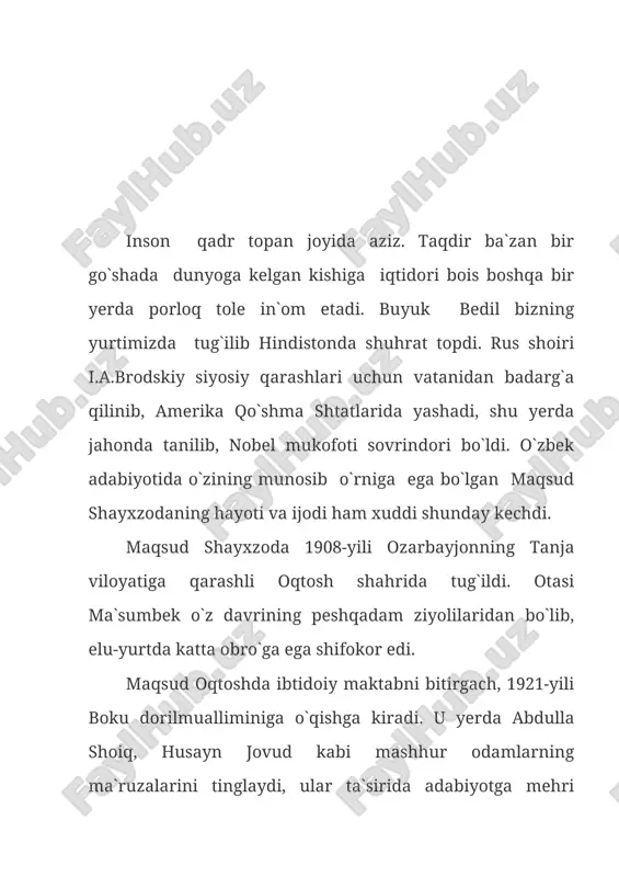 qoldi. maqsud shayxzodaning she`rlari 1929-yildayoq matbuotda ko`rindi. ammo uning o`zi bu she`rlarni hali chinakam poeziya namunasi deb hisoblamas edi. oradan ko`p o`tmay shayxzodaning birinchi to`plami “o`n she`r” bosilib chiqadi. keyin “undoshlarim” (1933), “uchinchi kitob” (1934), “jumhuriyat” (1935) kabi to`plamlari nashr etiladi. maqsud shayxzoda fikricha va iqroricha hayotdagi buyuk ne`matlardan biri she`riyat, tengsiz go`zalliklardan biri she`rdir. shuning uchun kerak, u she`riyatning deyarli barcha janrlarida samarali ijod qildi. oybek o`zining “o`zbek poeziyasining tarixiy taraqqiyoti to`g`risida” nomli maqolasida shunday yozadi: “shayxzoda she`rlarining fermasi rang-barangdir. u ruboiy, ballada, poema va lirik she`rlar formasidan foydalanadi”. urush yillarida shayxzodaning o`zbek tilida “kurash nechun?”, “jang va qo`shiq”, “ko`ngil deydiki...”, rus tilida “saaz”, “grozoyu rojdennie”, “serdtse govorit” kabi to`plamlari bosildi. urush yillarida shayxzoda ijodining yangi xususiyatlari nomoyon bo`ldi. bu yillarda shoir she`riyatining xalq hayoti bilan aloqasi mustahkamlanganligini, odamlarning ichki dunyosini, ma`naviy fazilatlarini yanada chuqur ocha boshlaganini ko`rasiz. ana shu yillarning mohiyatini ochuvchi “kurash nechun?”, jang qahramonlarini ulug’lovchi “kapitan …