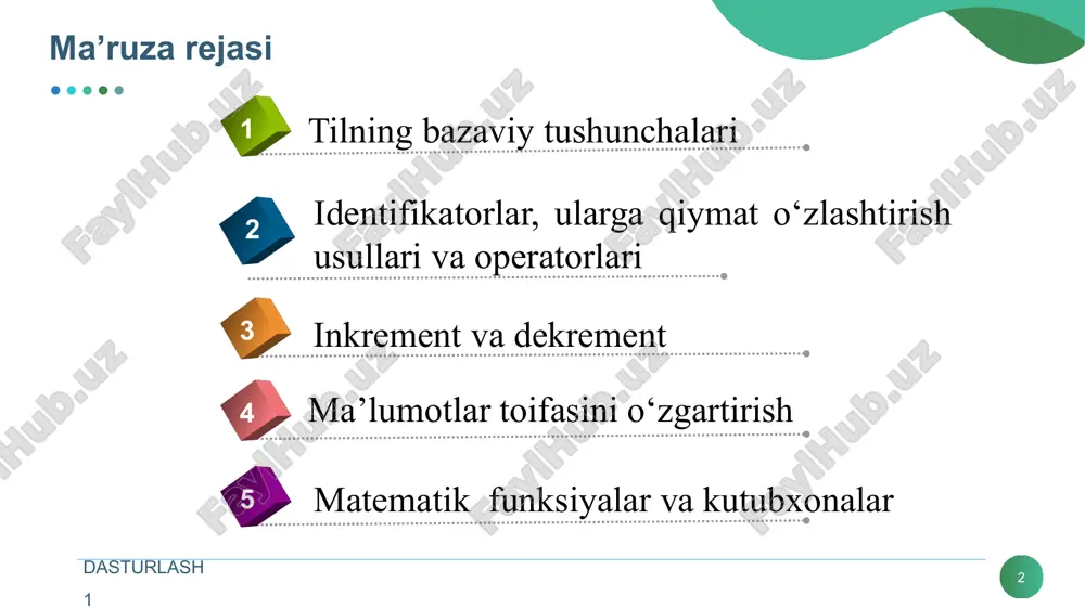 qavs, turli belgilar, +,-,! va x.k. nomni raqamlar bilan boshlash mumkin emas! ! dasturlash 1 13 identifikatorlar, ularga qiymat o’zlashtirish usullari va operatotlari identifikatorlar lotin harflari, ostki chiziq belgisi va sonlar ketma-ketligidan iborat bo‘ladi. identifikator lotin harfidan yoki ostki chiziq belgisidan boshlanishi lozim. misol uchun: a1, _max, adress_01, rim, rim katta va kichik harflar farqlanadi, shuning uchun oxirgi ikki identifikator bir-biridan farq qiladi. borland kompilyatorlaridan foydalanilganda nomning birinchi 32 harfi, ba'zi kompilyatorlarda 8 ta harfni inobatga oladi. bu holda number_of_test va number_of_room identifikatorlari bir biridan farq qilmaydi. dasturlash 1 14 xizmatchi so’zlar tiplar nomlari: char, short, int, unsigned, long, float, double. operatorlar nomlari: if, else, switch, case, while, do, for, default, break, continue, goto. xotira turlari: auto, register, static, extern. tiplar bilan ishlash: typedef, sizeof. struktura: struct, union. chiqish: return, entry. dasturlash 1 15 o’zgaruvchi nima? o‘zgaruvchi - ma'lum nomga ega va o‘zida qiymatlarni saqlaydigan kompyuter xotirasidagi yacheyka. dastur bajarilish …