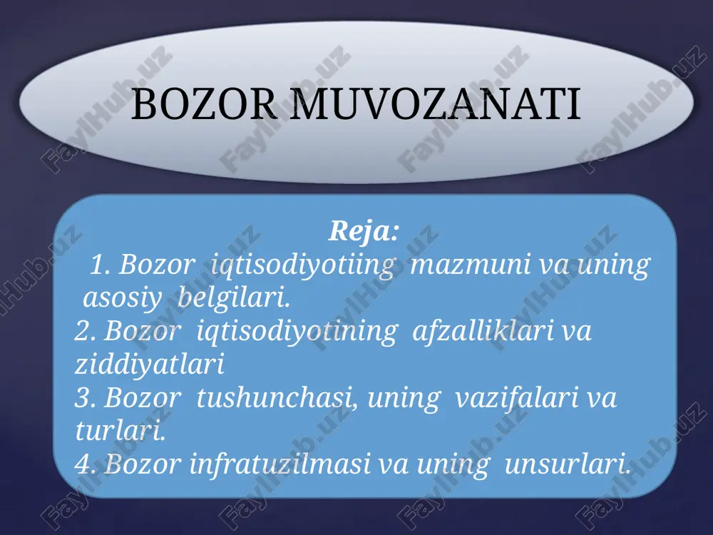 a ishlab chiqarish omillarini yetkazib beradilar, iqtisodiy resurslarni sotishdan olingan pul daromadlarini shaxsiy ehtiyojlariga sarflaydilar. tadbirkorlik sektori – bu daromad (foyda) olish maqsadida amal qiluvchi iqtisodiyotning birlamchi bo’g’ini hisoblanadi. davlat – foyda olishni maqsad qilib qo’ygan, asosan iqtisodiyotni tartibga har xil byudjet tashkilotlari va muassasalari sifatida namoyon bo’ladi. bank – iqtisodiyotning me‘yoriy amal qilishi uchun zarur bo’lgan pul massasi harakatini tartibga solib turuvchi moliya-kredit muassasasidir. bozor iqtisodiyotini to’rtta iqtisodiy mexanizm tartibga solib turadi: 1. narx; 2. talab; 3. taklif; 4. raqobat. bozor iqtisodiyotining muhim va umumiy belgilari quyidagilardan iborat: 1. turli shakllardagi mulkchilik va xususiy mulkning ustuvorligi; 2. tadbirkorlik va tanlov erkinligi; 3. raqobat kurashining mavjudligi; 4. davlatning iqtisodiyotga aralashuvining cheklanganligi; 5. korxona va firmalarning ichki va tashqi shart-sharoitlar o’zgarishlariga moslashuvchanligidir. bozor iqtisodiyotining taraqqiyotini ikki turga ajratib ko’rsatish mumkin. birinchisi, klassik yoki sof bozor iqtisodiyoti bo’lib, g’arbdagi rivojlangan mamlakatlarda xix asrning oxirlariga davom etgan. uning asosiy belgilari quyidagicha bo’lgan: 1. …