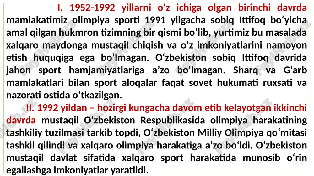 idan tan olindi. xoq xartiyasi asosida va jahon sport harakatining ilg‘or tajribalariga tayangan holda moq nizomi ishlab chiqildi va qabul qilindi. o‘zbekistonda olimpiya harakatining rivojlanish xususiyatlari i – bosqich 1952–1992 yy. 1. o‘zbekiston sportchilari olimpiya o‘yinlarida sobiq ittifoq terma jamoasi tarkibida ishtirok etgan. 2. o‘zbekiston sportchilarining sobiq ittifoq terma jamoasi tarkibidagi soni bir nechta nafar ishtirokchilar bilan chegaralangan. 3. sobiq ittifoq markaziy organlari tomonidan tanlab olingan sportchilarsobiq ittifoq terma jamoasi tarkibiga kiritilgan. 4. o‘zbekiston sportchilarining olimpiya o‘yinlaridagi g‘alabasi sharafiga sobiq ittifoqi madhiyasi chalingan va qizil bayrog‘i ko‘tarilgan. 5. o‘zbekistonda sobiq ittifoq davrida olimpiya g‘oyalarini targ‘ibot qilish ishlari yo‘lga qo‘yilmagan. o‘zbekistonda olimpiya harakatining rivojlanish xususiyatlari ii- bosqich. 1992 – hozirgi davrgacha 1. mustaqil o‘zbekistonda olimpiya harakatining tashkiliy tuzilmalari shakllandi: moq, o‘zoa .h.k. 2. o‘zbekiston respublikasi terma jamoasining olimpiya o‘yinlarida ishtiroki xalqaro olimpiya harakatining qoidalari asosida shakllandi. 3. o‘zbekiston respublikasi sportchilari olimpiya o‘yinlari va xalqaro sport musobaqalarida mustaqil jamoa sifatida qatnashish huquqiga …