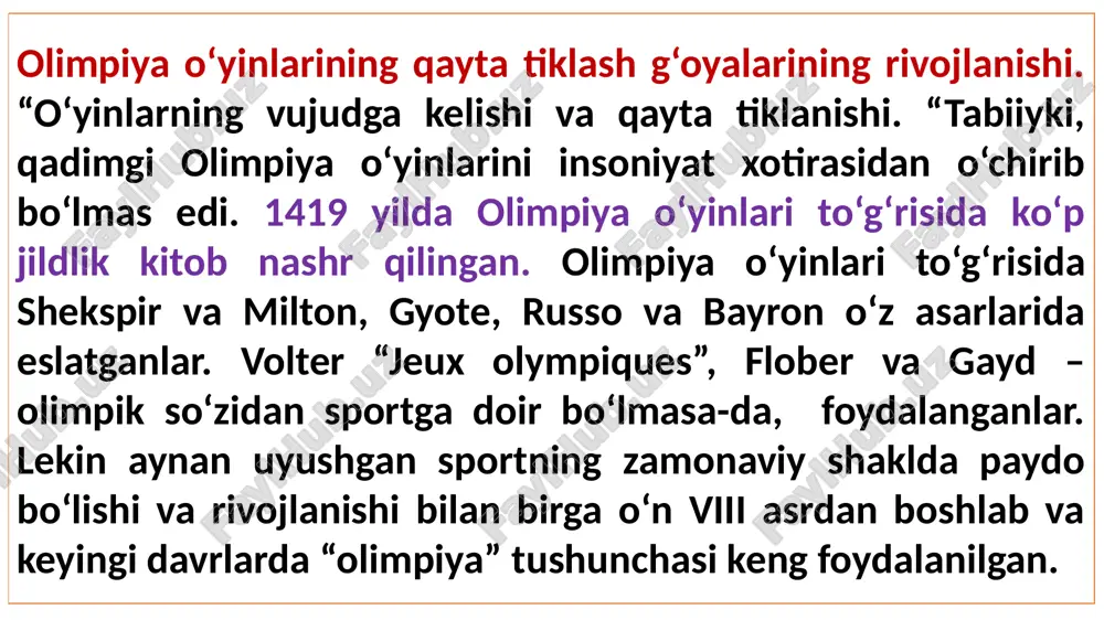 lmalarni olib borishni tavsiya qilgan. biroq bu ekspeditsiya ishlari amalga oshirilmagan. 1766 yilda oksford olimi richard chandler arxeologik ishlarini olib borishga harakat qilgan. 1824 yilda lord fon stankof olimpiya shahrida arxeologik qazilmalarni olib borgan va uning chizmasini tuzgan. bu esa olimpiya o‘yinlarini tiklash g‘oyasini rivojlantirishga turtki bo‘lgan. 1874-1881 yillarda nemis arxeologi ernst kursius (1814-1896) boshchiligida o‘tkazilgan arxeologik qazilma ishlari ancha muvaffaqiyatli bo‘lgan. ekspeditsiya natijasida olimpiya shahrida ko‘p sonli arxitektura inshootlari va haykallarning qoldiqlari topilgan. 1887 yil arxeologik qazilma ishlarining natijalari matbuotda e’lon qilingan edi. “qаdimgi grеtsiyagа vа umumаn olimpiya o‘yinlаrigа ortib borаyotgаn qiziqish, xususаn аrxеologik qаzishlаr vа bir qаtor joylаrdа, jumlаdаn troyadа, mikеni vа olimpiyadа аmаlgа oshirilаyotgаn yеr qаzish ishlаri tomonidаn qizitilib turаdi. qаdimgi olimpiya o‘yinlаri o‘tkаzilgаn joylаrdа yеr qаzish ishlаrini аmаlgа oshirish g‘oyasi o‘n sаkkizinchi аsrdа bаhslаrning asosi bo‘lgаn vа 1766 yilda qаzishlаr pаytidа, ulаr o‘tkаzilgаn joy аniqlаndi, qo‘shimchа ishlаr 1787 yilda аmаlgа oshirilgаn. qаzish ishlаri 1829 yili frаnsuzlаr …