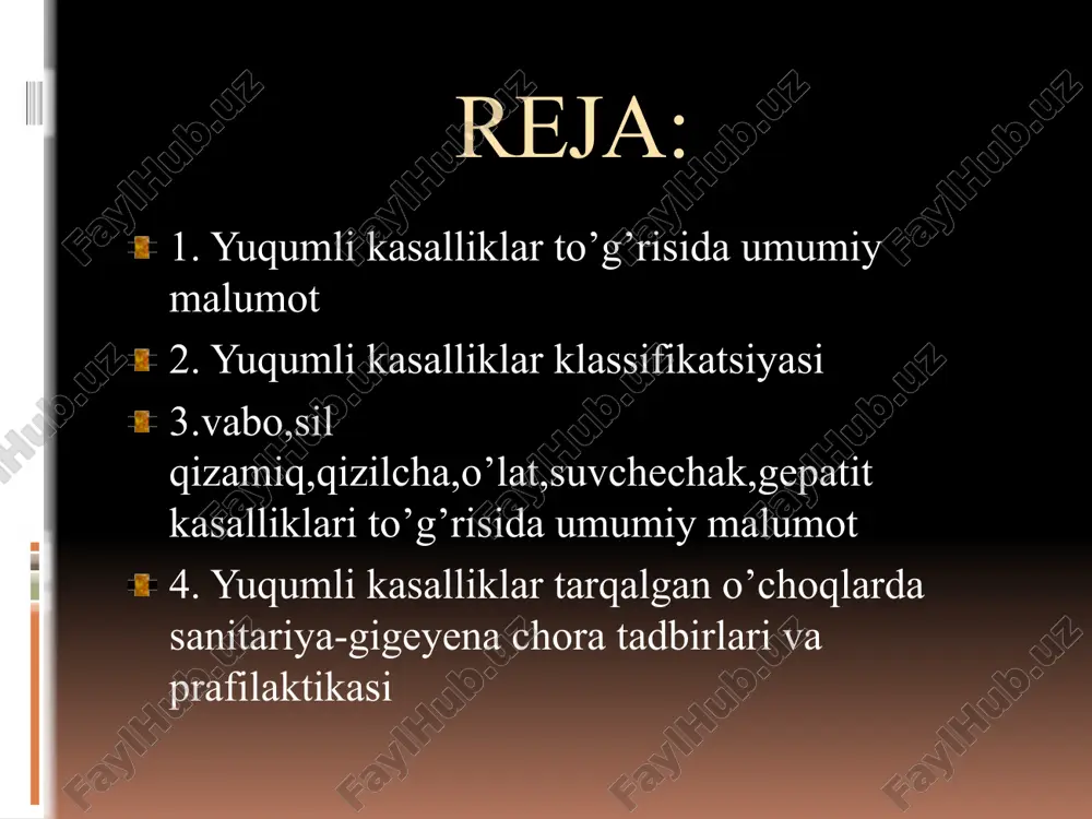 a qarab avvalo ikki guruhga bo'linadi: antropozoonozlar-bu kasalliklar hayvonlarda va odamlarda uchraydi. odamlarga infeksiya hayvonlardan yuqadi antroponozlar-bu kasalliklar faqat odamlarda uchraydi va ular bilan hayvonlar kasallanmaydi ichburug gepatit oits o’lat brusellyoz o'lat qutirish kuydirgi vabo vabo-o’tkir infеktsion kasallik bo’lib, mеda ichak yo’lini zararlanishi, suv-tuz almashinuvini buzilishi va organizmning suvsizlanib qolishi bilan ta'riflanadi. xindiston va bangladesh vaboning epidemic o`chog`i sanaladi . vaqti vaqti bilan kasallik qo`shni davlatlarga hatto qit’alarga tarqalib, katta epidemiya va pandemiya beradi. 1817-yildan 1925- yilagacha bo`lgan davrda yer yuzida vaboning 6ta pandemiyasi kuzatilgan. 1965-tildan boshlab vaboning yangi 7-pandemiyasi kuzatilgan. jumladan 1965-yilda qoraqalpog`iston va xorazmda ham vabo epidemiyasi kuzatilgan. epidemiologiyasi vabo antroponoz kasallik ya’ni faqat odamga hos xastalik sanaladi. infeksiya manbai bemor va vibrion tashuvchidir. vibrion og`iz orqali tushib najas orqali chiqadi. vibrionning tarqalishida suv katta ahamiyatga ega. kasallik epidemiya tarzida boshqa joyga kirib borganda tarqalish xususiyati shu joyning sanitar xolati, kanalizatsiya bilan ta’minlanish xususiyati, oziq – ovqat mahsulotlarining …