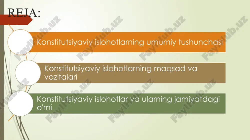 sining ahamiyati 1 demokratik jarayon konstitutsiyaviy islohotlar xalqning bevosita ishtirokida amalga oshirilishi demokratik tamoyillarga mos keladi. xalqning fikri - eng muhim mezon. 2 jamiyat manfaatlari xalq muhokamasi jarayonida jamiyatning turli qatlamlarining manfaatlariga mos keladigan takliflar inobatga olinadi. umumiy manfaatlar ustuvorligi ta'minlanadi. 3 islohotlar samaradorligi xalqning qo'llab-quvvatlashi islohotlarning muvaffaqiyatli amalga oshirilishini ta'minlaydi. xalq roziligi - islohotlarning kafolati. 1.7.2013 4 ‹#› konstitutsiyaga kiritilgan asosiy o'zgartirishlar 1 ijtimoiy davlat o'zbekiston ijtimoiy davlat sifatida e'lon qilindi, bu aholining ijtimoiy himoyasini kuchaytirishni nazarda tutadi. ijtimoiy yordamga muhtoj qatlamlar qo'llab-quvvatlanadi. 2 ta'lim va tibbiyot ta'lim va tibbiyot sohalariga davlat tomonidan e'tibor kuchaytirildi, bu sohalarda islohotlar amalga oshiriladi. sifatli ta'lim va tibbiy xizmatlar ta'minlanadi. 3 mahalliy o'zini o'zi boshqarish mahalliy o'zini o'zi boshqarish organlarining vakolatlari kengaytirildi, bu ularning mustaqilligini ta'minlaydi. mahalliy ahamiyatga molik masalalarni hal qilishda erkinlik beriladi. 1.7.2013 5 ‹#› sud-huquq islohotlari adolat sudlarning mustaqilligini ta'minlash, adolatli sudlovni amalga oshirish. har bir fuqaro adolatli sudlovga haqli …