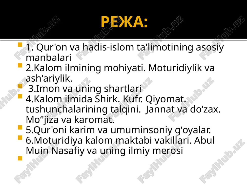 vchilar: s.agzamxodjaev, d.rahimjonov, n.muhamedov va b. – t.: toshdshi, 2011. – 262 b. 11.hasanboev o‘. o‘zbekistonda davlat va din munosabatlari: diniy tashkilotlar, oqimlar, mafkuraviy kurashning dolzarb yo‘nalishlari. – t.: tiu nashriyot-matbaa birlashmasi, 2014. – 552 b. islom hamkorlik tashkilotitashqi ishlar vazirlar kengashi 43 seesiyasining ochilish marosimidagi nutqidan islom-haqiqatni anglash demakdir, u odamzotni ezgu amallarni bajarishga undaydi, har birimizni yaxshilik va tinchlikka chorlaydi, haqiqiy inson boʻlishni oʻrgatadi. islom eng yosh jahon dini jahon aholisining 2 mlrd itoat va buysinish ixlos sulh va omonlik musulmonlar soni sharqiy osiyo-985,530,000 yaqin sharq va afrika 317.070.000 jan afrika 248.110.000 yevropa 43.490.000 shimoliy amerika 3.480.000 eng koʻp musulmon jamoalari yashaydigan davlatlar indoneziya -209.1 млн pokiston -167.4 млн. bangladesh -133.5 млн. hindistonda -176.1 млн. eron -73.5 млн. turkiya -71.3 млн. misr - 76.9 млн nigerya -77.3 млн. islomgacha arabiston johiliya davri yagona allohga buysunmaslik ko’pxudolik ilmsizlik vasoniya 100-200 yil paygambarlar nabiy xabarchi ismoil,ishoq,yoqub,zakariyo rasul elchi muso,iso, muhammad …