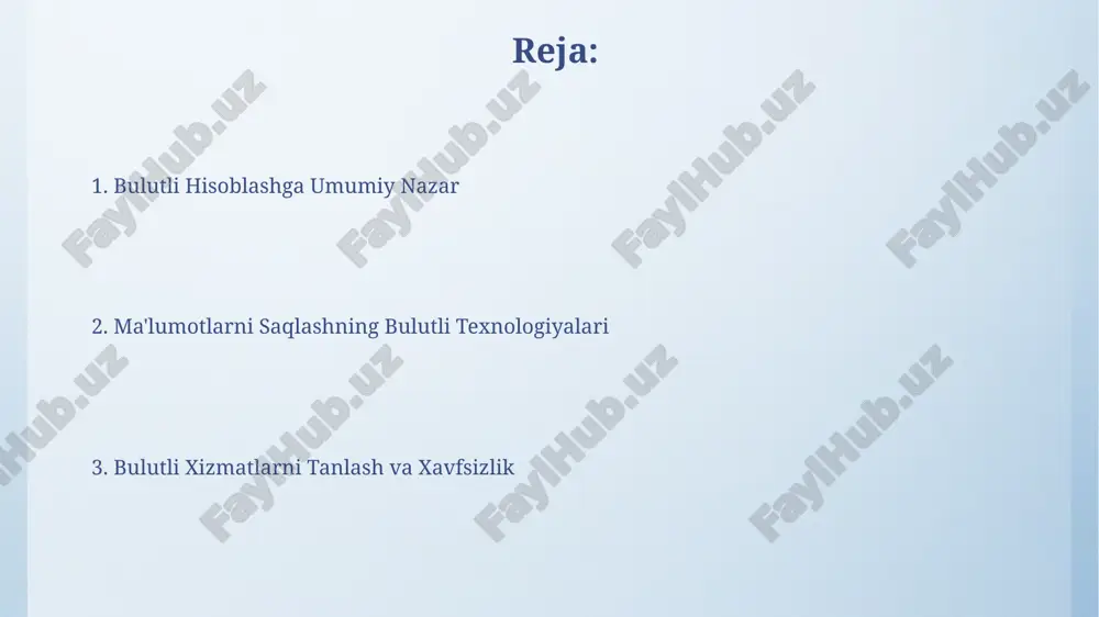 mavjudligini ta'minlaydi, bu esa rivojlantirish vaqtini qisqartiradi. katta ma'lumotlar va bulutli saqlash 1000 dan ortiq foydalanuvchi uchun katta hajmdagi ma'lumotlar bazasini bulutga ko'chirish, ma'lumotlarga kirish tezligini 30% ga oshirishi va ma'lumotlarni boshqarish xarajatlarini 20% ga kamaytirishi mumkin. katta hajmdagi ma'lumotlarni bulutga saqlash, masalan, 100 tb dan ortiq ma'lumotlarni, an'anaviy serverlarga nisbatan ancha arzon va samarali bo'lishi mumkin, chunki bulutli infratuzilma o'zgaruvchan ehtiyojlarga moslashadi. ma'lumotlarni saqlash turlari bulutli saqlashda ma'lumotlar ob'ektlar (objects), bloklar (blocks) yoki fayllar (files) ko'rinishida saqlanadi, bu esa turli xil ma'lumot turlariga moslashuvchanlikni ta'minlaydi va 99,99% gacha ishonchlilikni kafolatlaydi. ma'lumotlarni arxivoqlash uchun 3-5 yilgacha saqlash muddatiga ega bo'lgan arzon, ammo kirish tezligi past bo'lgan, tape-based yoki glacier kabi xizmatlardan foydalanish mumkin. muhokama va savollar bulutli hisoblash infratuzilmasi 1000 dan ortiq serverlardan iborat boʻlishi mumkin va ma'lumotlarni 99,99% ishonchlilik darajasida saqlashni ta'minlaydi. ma'lumotlarni shifrlash va ruxsatlarni boshqarish orqali axborot xavfsizligi darajasi 5 darajaga koʻtariladi. xavfsizlik va maxfiylik bulutli hisoblash …