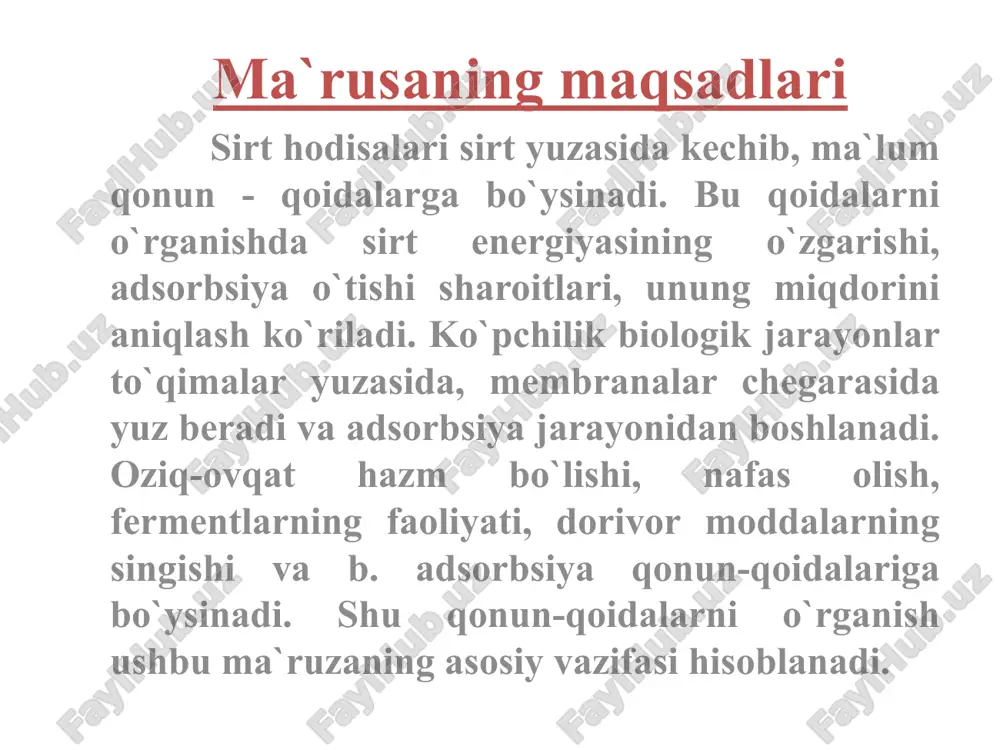 ki bosimi 4. harorat 5. erituvchining tabiati adsorbsiya miqdorini baholash adsorbsiya miqdorini baholash lg k lg c lg x/m ) tg  = 1/n adsorbsiya miqdorini baholash adsorbsiya miqdorini baholash lengmurning monoqavatli adsorbsiya izotermasi: i g g∞ c i ii iii sirt taranglik va sirt faolligi suyuqlikning sirt tarangligini kamaytiruvchi moddalar - sirt faol moddalar deyiladi: moylar, yog`lar, spirtlar va boshqa organik moddalar. suyuqlikning sirt tarangligini oshiruvchi moddalar - sirt nofaol moddalar deyiladi: tuzlar va boshqa elektrolitlar. modda konsentratsiyasi o`zgarganda sirt taranglik o`zgarishini ko`rsatuvchi kattalik sirt faolligi deyiladi: d  / dc adsorbsiya miqdorini baholash dyuklo-traube qoidasi ham gidrofil, ham gidrofob guruxlarni tutgan moddalar difil moddalar deyiladi. dyuklo-traube qoidasi: difil organik moddalar zanjirini har bir - ch2 - guruxga uzayishida, ularni musbat adsorbsiyada ishtirok etish hususiyati 2-3 barobarga ortadi. image1.png image2.png image3.png image4.png image5.png image6.png image7.png