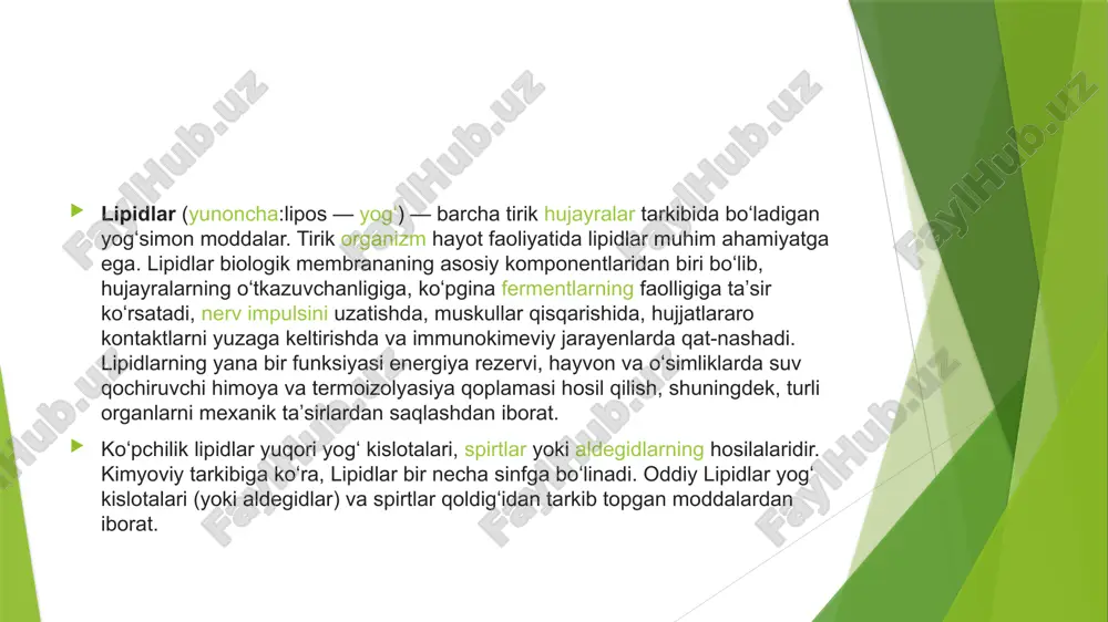 ismdan iborat: glitserin asosi va uchta yogʻ kislotasi dumchasi. glitserin uchta gidroksil (oh) guruhi boʻlgan kichik organik molekuladir, yogʻ kislotasi boʻlsa karboksil guruhiga birikkan uzun uglevodorod zanjiridan iborat. odatda yogʻ kislotasi 12-18 ta ugleroddan tarkib topadi, ammo baʼzilarida bor-yoʻgʻi 4 ta yoki 36 tagacha uglerod boʻlishi mumkin. yogʻ ikki turdagi qismdan iborat: glitserin asosi va uchta yogʻ kislotasi dumchasi. glitserin uchta gidroksil (oh) guruhi boʻlgan kichik organik molekuladir, yogʻ kislotasi boʻlsa karboksil guruhiga birikkan uzun uglevodorod zanjiridan iborat. odatda yogʻ kislotasi 12-18 ta ugleroddan tarkib topadi, ammo baʼzilarida bor-yoʻgʻi 4 ta yoki 36 tagacha uglerod boʻlishi mumkin. yogʻ molekulalari triatsilglitserinlar yoki shifokorlar tilida triglitseridlar deb ham ataladi. inson tanasida triglitseridlar asosan adipotsit deb nomlanuvchi maxsus yogʻ hujayralarida saqlanadi. adipotsitlar adipoz toʻqimalarini hosil qiladi\[^1\]. koʻplab yogʻ kislotalari yogʻ molekulalarida uchrasa, ularning baʼzilari tanada erkin ham uchraydi va ularga lipidning bir turi sifatida qaraladi. toʻyingan va toʻyinmagan yogʻ kislotalari yuqoridagi misolda koʻrsatilganidek, …