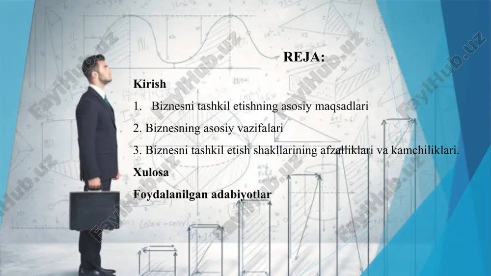 rni kengaytirish imkoniyati paydo bo‘ladi. ijtimoiy va iqtisodiy jihatlari biznesni tashkil etishning ijtimoiy va iqtisodiy jihatlari quyidagi omillar orqali namoyon bo‘ladi: ish o‘rinlari yaratish – yangi tashkilotlar yangi ish o‘rinlarini yaratadi, bu esa ijtimoiy barqarorlikka ijobiy ta'sir qiladi. jamiyat ehtiyojlarini qondirish – tashkilotlar turli ehtiyojlarga mos mahsulot yoki xizmatlar yaratish orqali jamiyatga xizmat qiladi. mahalliy iqtisodiyotni qo‘llab-quvvatlash – bizneslar mahalliy iqtisodiyotga hissa qo‘shadi va aholi daromadlarini oshiradi, bu esa mahalliy iqtisodiy barqarorlikni ta'minlaydi. mahsulot yoki xizmat yaratishning ahamiyati mahsulot yoki xizmat yaratish orqali tashkilot o‘z iste’molchilari uchun qiymat yaratadi. quyidagi jihatlar bu jarayonning ahamiyatini belgilaydi: iste’molchilarning ehtiyojlarini qondirish – mahsulot yoki xizmatlar orqali mijozlar ehtiyojlari qondiriladi, bu esa ularning hayot sifatini yaxshilaydi. yuqori sifatli mahsulot ishlab chiqarish – sifatli mahsulot yoki xizmatlar iste’molchilar ishonchini qozonadi va biznesni yanada rivojlantirishga yordam beradi. mijozlar bazasini kengaytirish – iste’molchilar ehtiyojlarini qondirish orqali tashkilot o‘z mijozlar bazasini kengaytiradi va bozorda raqobatbardoshligini saqlab qoladi. 2. …