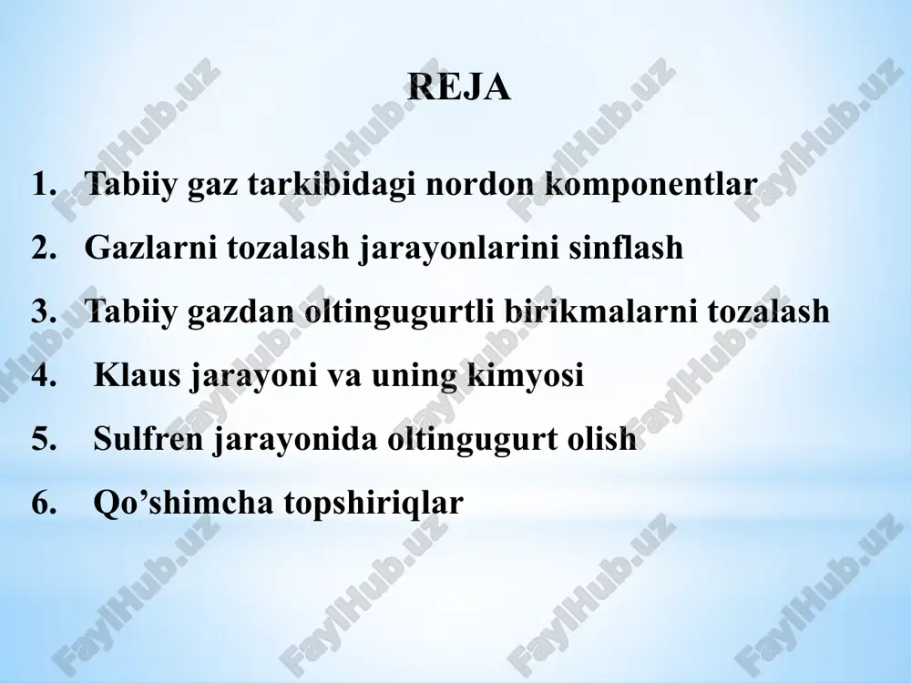 adigan mahsulotlar tarkibidan oltingugurtni qayta ishlab tozalashni talab qiladi. tabiiy gaz tarkibidagi nordon komponentlar: vodorod sulfid tiollar (merkaptanlar) oltingugurtli gazlarning sinflanishi gazlarni tozalash jarayonlarini sinflash 1. absorbsiya jarayonlari 2. adsorbsiya jarayonlari 3. xemosorbsiya jarayonlari 4. kombinatsiyalangan jarayonlar: - selektiv bo’lishi; - kimyoviy va termik barqaror; - bug’ bosimi va korroziyasi past bo’lishi; - yuqori yutish qobiliyati; - uv larga nisbatan inert; - arzon bo’lishi va noyob bo’lmasligi; - kam zaharli bo’lishi kerak. 5. oksidlash jarayonlari kimyoviy jarayonlar h2s dan oltingugurtni sanoat miqiyosida ishlab chiqarishning ikki bosqichli usuli mavjud: i bosqich: h2s ning so2 ga termik oksidlanishi. h2s ni 900-1350 °c da stexiometrik miqdordagi kislorod bilan oksidlanadi: 2h2s + 3o2 ↔ 2so2 + 2h2o ushbu bosqichda h2s massasining 70% gacha sarf bo’ladi va shu bilan birga, kataliz bosqichidan oldin ishlatilishi kerak bo'lgan katta miqdordagi issiqlik chiqariladi. ii bosqich: h2s va so2 ning katalitik konversiyasi. jarayon 220-250 °c da sodir bo'ladi, katalizator …