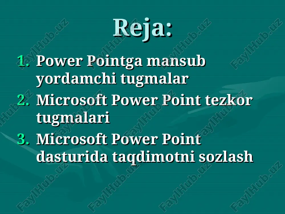siyasi. - slayd obyektlarining yuqoridan so’zma-so’z paydo bo’lishi animatsiya effekti. microsoft power point tezkor tugmalari 1. ctrl+n - yangi taqdimot faylini yaratish. 2. ctrl+m - taqdimotga yangi bush slayd qo‘shish. 3. ctrl+d - taqdimotga aktiv slayd nusxasini qo‘shish. 4. ctrl+enter - slaydning keyingi elementini tahrirlash 5. ctrl+o - ilgari yaratilgan taqdimot faylni qayta ochish 6. ctrl+w - ekranda ochik bo‘lgan taqdimot faylni berkitish 7. ctrl+p - taqdimotni qog‘ozga bosmaga chiqarish 8. ctrl+s - taqdimot faylni saqlash. 9. f5 - taqdimot namoyishini ishga tushirish 10. alt+f4 - microsoft powerpoint dasturidan chiqib ketish microsoft power point tezkor tugmalari 11. ctrl+f - matn qismini kidirish 12. ctrl+h - topilgan matnni boshqa matn bilan almashtirish 13. ctrl+k - giperyullanma qo‘shish 14. f7 - imlo xatolarni tekshirish 15. esc - oxirgi uzgarish yoki tugallanmagan harakatni bekor qilish 16. ctrl+z - oxirgi harakatni bekor qilish 17. ctrl+y - bekor kilingin harakatni qaytarish 18. ctrl+shift+f - slaydning …