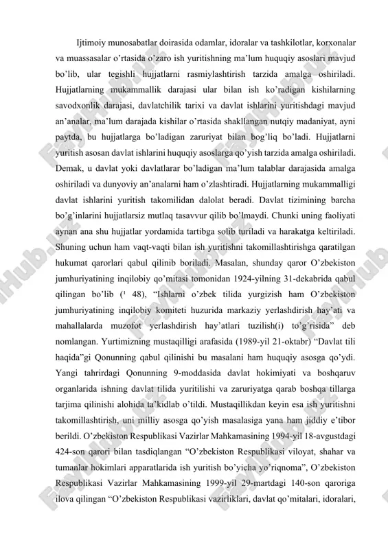 n keyin esa ish yuritishni takomillashtirish, uni milliy asosga qo’yish masalasiga yana ham jiddiy e’tibor berildi. o’zbekiston respublikasi vazirlar mahkamasining 1994-yil 18-avgustdagi 424-son qarori bilan tasdiqlangan “o’zbekiston respublikasi viloyat, shahar va tumanlar hokimlari apparatlarida ish yuritish bo’yicha yo’riqnoma”, o’zbekiston respublikasi vazirlar mahkamasining 1999-yil 29-martdagi 140-son qaroriga ilova qilingan “o’zbekiston respublikasi vazirliklari, davlat qo’mitalari, idoralari, korporatsiyalari, konsernlari, uyushmalari, kompaniyalarida va boshqa markaziy muassasalarida, apparatlarida ish yuritish va ijro nazoratini tashkil etish bo’yicha namunaviy yo’riqnoma” lar fikrimizning dalilidir. n.mahmudov, a.madvaliyev, n.mahkamov, n. aminovlarning “o’zbek tilida ish yuritish (munshaot)”, yana shu mualliflarning “ish yuritish” amaliy qo’llanmalari esa o’zbeek tilida ish yuritishning me’yoriy asoslarini belgilab berishda g’oyatda muhim qo’llanma bo’lib xizmat qilmoqda. chunki mualliflarning ish yuritish borasida bergan yo’l-yo’riqlari xodimlarning faoliyatida metodik yordam beradi, hujjatlarni rasmiylashtirish qoidalarini o’rgatadi, ish qog’ozlarining hamma joyda bir xil bo’lishini ta’minlaydi. ammo shunday qo’llanmaning mavjudligiga qaramasdan undan foydalanish talab darajasida deb bo’lmaydi. chunki 2000-yilda 10000 nusxada chop etilgan bu …