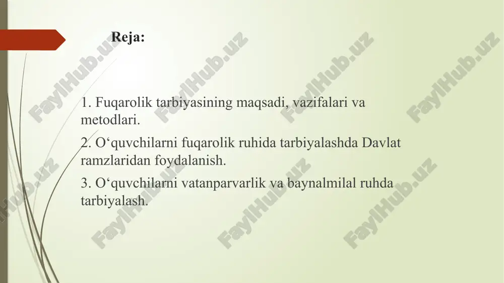 ngdek, fuqaro sifatida o'z majburiyatlarini to'laqonli anglashlari uchun imkoniyat yaratishini tushuntirib borish maqsadga muvofiqdir. fidoiylik, intiluvchanlik, tashabbuskorlik, tashkilotchilik, qat’iyat, matonat, uyushqoqlik kabi xislatlar o'quvchilarda fuqarolik tarbiyasini tashkil etish jarayonida tarbiyalanadi. fuqarolik tarbiyasini tashkil etish uchun ma’lum shart-sharoitlaming mavjudligi taqozo etiladi: o'quv yurtida tashkil etilayotgan ta’lim-tarbiya jarayoni yuksak darajada uyushtirilishi kerak; fuqarolik tarbiyasini tashkil etish jarayonining muvaffaqiyati o‘qituvchi va o‘quvchilar jamoasining saviyasiga bogiiq; tarbiyaviy ishning rejali, uzluksiz, tizimli boiishiga erishish; oila, maktab va mahalla o‘rtasida o‘zaro hamkorlikning yuzaga kelishi fuqarolik tarbiyasining muvaffaqiyatini ta’minlaydi; o‘quvchilarning axloqiy va huquqiy me’yorlar, umumiy tartibga qat’iy rioya etishga o'rgatish, zimmasidagi burchni toiaqonli ado etishlariga e’tiborni qaratish. fuqarolik tarbiyasini tashkil etishda suhbat, munozara, ma’ruza, bahslardan foydalanish, mashq, test, anketa savollariga javoblar olish kutilgan natijani qolga kiritishga imkon beradi. 2. o‘quvchilarni fuqarolik ruhida tarbiyalashda davlat ramzlaridan foydalanish. har tomonlama yetuk, komil insonni shakllantirish ta’lim-tarbiya jarayonidan kutilgan asosiy natija ekan, yoshlarimizga kompleks tarbiya berishimiz lozim. ayniqsa, ularda fuqarolik hissini …