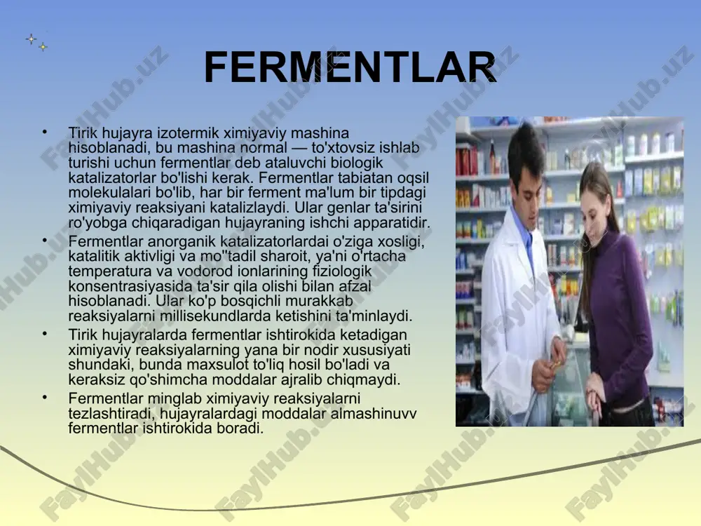 tabiatli moddalar, uglevodlarning fosforli efirlari, kichik molekulali metabolitik aktiv peptidlar va boshqalar yashtirok etadi. fermentlarning koferment qismi oqsil qismi bilan turli darajada bog'langan. masalan, sitoxromlarda gem oqsil qismi bilan kovalent bog' yordamida bog'lansa, ba'zi degidrogenazalarning kofermenti dializ qilinganda ham ajralib ketishi mumkin. fermentlar xujayra va organizm moddalar almashishuvining qay uchastkasida ishtiroki va bajaradigan funksiyasiga qarab monomer yoki multimer ko'rinishida tarqalishi mumkin. ko'pchilik proteolitik fermentlar monomer ko'rinishida bo'ladi. oksidlanish — qaytarilish reaksiyalarini, moddalar almashinuvida qator bir-biriga bog'liq reaksiyalarni katalizlovchi fermentlar ko'proq multimer ko'rinishiga o'tishi orqali kompleksning fermentativ aktivligi, shu orqali enzimatik reaksiyaning tezligi yuqori darajada ortadi. masalan, laktat degidrogenaza fermentida 5 ta subbirlik bo'lsa, piruvat degidrogenaza kompleksining hosil bo'lishida 24 molekula piruvat degidrogenaza, bir molekula degidrolipoil-transasetilaza va 12 molekula digidrolipoil — degidrogenaza fermentlari ishtirok etadi. umuman bu kompleks tuzilishida 60 ta polipeptid molekulasi qatnashadi. fermentlarning fizik-ximiyaviy xususiyatlari ularning oqsil tabiatiga bog'liq. shu sababli yuqori temperatura va muhit o'zgarishlari oqsillarni denaturasiyaga uchratgani …