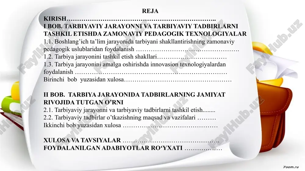 -onasiga, ustozlariga sadoqatli farzand bo‘lishga chorlaydi. o‘quvchilarning darsdan bo‘sh vaqtlarida, o‘quv - tarbiya jarayonini to’ldirib borishga hamda o’quvchi boshlang’ich sinf o’quvchilarining barkamol shaxs sifatida shakllanishlari uchun katta imkoniyatlar yaratadi. mamlakatimizda ta’lim-tarbiya jarayonlarini tashkil etish va uni bosqichma-bosqich yuqori samaralarga erishish borasida katta yutuqlar qo‘lga kiritilmoqda. prezidentimiz sh.m.mirziyoyev ta’lim sohasini, ta’lim-tarbiya jarayonlarini sifat jihatdan yuqori pog‘onaga ko‘tarish jamiyatimizning ustivor sohalaridan biri sifatida e’tirof etib, ta’lim maskanlarini yangilab, jahon standartlariga javob beradigan qilib qurib va jihozlab o‘quvchi boshlang’ich sinf o’quvchilarining bilim olishlari uchun katta imkoniyatlar yaratayotgani boshlang’ich sinf o’quvchilari kelajakning yaratuvchilari ekanini e’tirof etganligidan dalolatdir. ta’lim-tarbiya jarayonlarini maqsadga muvofiq tarzda yo‘lga qo‘yish, yaratilgan shart-sharoitlardan samarali foydalanib, yuqori bilimli o‘quvchi boshlang’ich sinf o’quvchilarini tarbiyalash va ularni hayotga tayyorlash biz o‘qituvchi kadrlarning mas`uliyatli vazifamizdir. boshlang’ich sinf o’quvchilariga ta’lim- tarbiya berish barcha predmetlar kabi o‘qish darslarida ham amalga oshiriladi. kurs ishi maqsadi: o‘quvchilarni axborot vositalari orqali ta’lim-tarbiya jarayonidagi o’rnini o‘rgatish yo‘llarini nazariy jihatdan asoslash va …