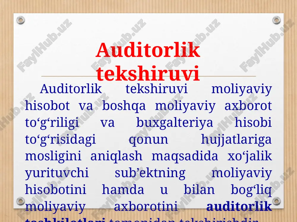 bi to‘g‘risida hamda aniqlangan kamchiliklar va qoidabuzarliklarni to‘g‘rilash haqida auditorlardan maslahat va tavsiyalar olish. auditorlik tekshiruvidan o‘tkazilayotgan xo‘jalik yurituvchi sub’ekt: auditorlik tekshiruvi o‘tkazish to‘g‘risidagi shartnomada belgilangan muddatlarda auditorlik tekshiruvini o‘tkazish uchun auditorga kerakli sharoitlarni yaratib berishi, unga zarur hujjatlarni taqdim etishi; auditorlik tekshiruvi davomida aniqlangan buxgalteriya hisobini yuritish, moliyaviy hisobot tuzish qoidalari hamda soliqlar va boshqa majburiy to‘lovlarni hisoblab chiqish tartibi buzilishlarini bartaraf etishi shart. auditor tekshiruvining buyurtmachisi auditorlik tekshiruvining buyurtmachisi auditorlik tekshiruvi o‘tkazilishini qo‘zg‘atuvchi xo‘jalik yurituvchi sub’ekt, uning mulkdori, shuningdek ustav kapitalida qonun hujjatlarida belgilanganidan kam bo‘lmagan miqdordagi ulushga ega qatnashchilar va aktsiyadorlar, nazorat qiluvchi yoki huquqni muhofaza qiluvchi organlardir. auditorlik tekshiruvining buyurtmachisi quyidagi huquqlarga ega: auditorlik tashkilotini mustaqil tanlash; tashabbus tarzidagi auditorlik tekshiruvi o‘tkazilayotganda auditorlik tekshiruvining yo‘nalishi va hajmini belgilash; auditorning e’tirozlari asoslanilgan qonun hujjatlarining normalari to‘g‘risidagi zarur axborotni auditorlik tashkilotidan olish; tashabbus tarzidagi auditorlik tekshiruvi tashabbus tarzidagi auditorlik tekshiruvi xo‘jalik yurituvchi sub’ektning yoki boshqa auditorlik tekshiruvi buyurtmachilarining …