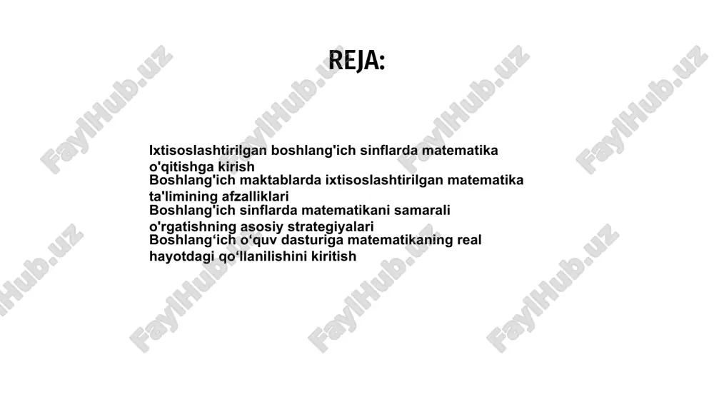tishga yordam beradi. boshlang'ich sinflarda matematikani samarali o'rgatishning asosiy strategiyalari matematikaga ixtisoslashgan boshlang'ich sinflarda matematikani o'qitish yosh o'quvchilarni samarali jalb qilish uchun strategik yondashuvni talab qiladi. asosiy strategiyalar matematik tushunchalarni bir-biriga yaqinroq va tushunarli qilish uchun amaliy mashg'ulotlar, ko'rgazmali qurollar va hayotiy misollarni o'z ichiga oladi. ijobiy ta'lim muhitini yaratish va shaxsiy yordam ko'rsatish orqali o'qituvchilar o'quvchilarga matematikada mustahkam poydevor yaratishga yordam berishlari mumkin. salavha matematikaga ixtisoslashgan boshlang‘ich sinflarda matematikani o‘rgatish o‘quvchilarni matematik tushunchalarni hayotda qo‘llashga jalb qilishni o‘z ichiga oladi. 1 o‘quv dasturiga hayotiy misollarni kiritish orqali o‘quvchilar matematikaning kundalik hayotidagi ahamiyatini yaxshiroq tushunishlari mumkin. 3 ushbu yondashuv nafaqat o'rganishni yanada qiziqarli va amaliy qiladi, balki o'quvchilarda tanqidiy fikrlash va muammolarni hal qilish ko'nikmalarini rivojlantirishga yordam beradi. 2 boshlang'ich sinf o'quvchilarining matematika malakasini baholashning baholash usullari a boshlang'ich sinf o'quvchilarining matematik bilimlarini baholash har tomonlama yondashuvni talab qiladi. viktorinalar, testlar va muammoni hal qilish vazifalari kabi usullar tushunish va …