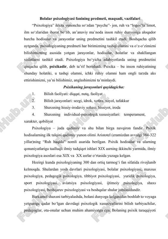ogiyasi va boshqalar shular jumlasidandir. barkamol shaxsni tarbiyalashda, bolani dunyoga kelganidan boshlab to voyaga yetguniga qadar bo‘lgan davrdagi psixologik xususiyatlarini bilish tarbiyachilar, pedagoglar, ota-onalar uchun muhim ahamiyatga ega. bolaning psixik taraqqiyoti haqidagi bilimlarni esa psixologik bilimlarning maxsus sohasi – bolalar psixologiyasi fani o‘rganadi. bolalar psixologiyasi – psixologiya fanining alohida tarmog‘i bo‘lib, bolaning tug‘ilganidan to yetuklik davrida psixik taraqqiyotini, turli yosh davrlaridagi bola psixik taraqqiyotining qonuniyatlarini, rivojlanishining turli bosqichlarida bola psixikasiga xos xususiyatlarini o‘rganadi. bolalar psixologiyasi fanining asosiy e’tibori tug‘ilganidan yetuklik davrigacha inson psixikasi va ongining qanday rivojlanishiga qaratilgan, ya’ni har bir shaxs uzoq bolalik davrini boshdan kechiradiki, bu davrda unda alohida psixik jarayonlar va xususiyatlar yuz beradi. shuning uchun ham bu davrni fanda alohida ajratib o‘rganiladi va uni ontogenetik taraqqiyot yo‘li deyiladi. ontogenez – bu organizmning individual rivojlanishidir. bolalar psixologiyasi bola psixikasining taraqqiyoti hamda shaxsiy xususiyatlarining yuzaga kelishiga ta’sir qiluvchi omillarni ham o‘rganadi. bugungi kunda bolalar psixologiyasi fanining oldida bir …