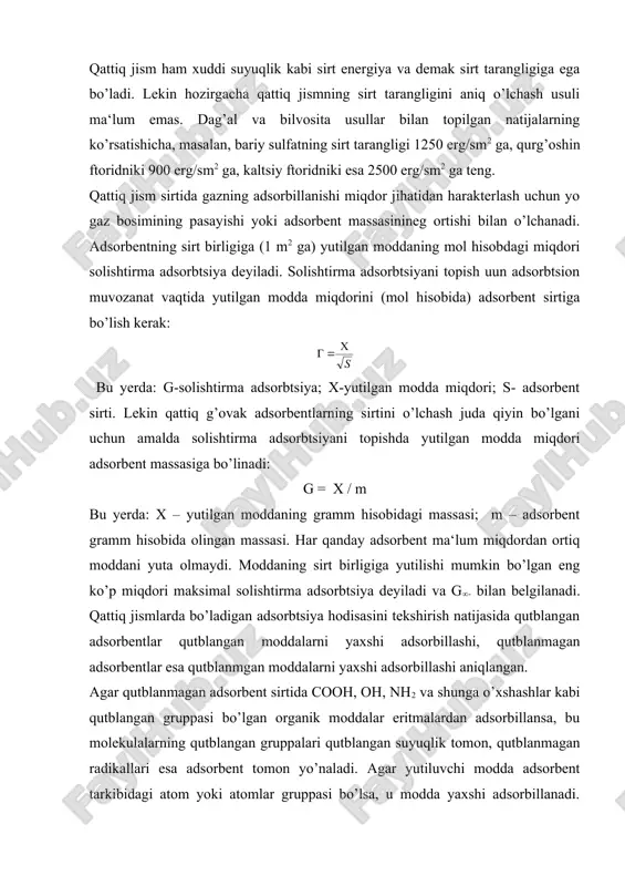 utblangan adsorbentlar qutblangan moddalarni yaxshi adsorbillashi, qutblanmagan adsorbentlar esa qutblanmgan moddalarni yaxshi adsorbillashi aniqlangan. agar qutblanmagan adsorbent sirtida cooh, oh, nh2 va shunga o’xshashlar kabi qutblangan gruppasi bo’lgan organik moddalar eritmalardan adsorbillansa, bu molekulalarning qutblangan gruppalari qutblangan suyuqlik tomon, qutblanmagan radikallari esa adsorbent tomon yo’naladi. agar yutiluvchi modda adsorbent tarkibidagi atom yoki atomlar gruppasi bo’lsa, u modda yaxshi adsorbillanadi. qutblangan va geterogen adsorbentlarning sirti suvni yaxshi, lekin benzolni (qutblanmagan) yomon adsorbillaydi, bular gidrofiladsorbenlar deyiladi. aksincha adsorbent suvni yomon, benzolni esa yaxshi adsorbillasa u gidrofob (yoki liofob) adsorbent deyiladi. masalan, ko’mir gidrofob adsorbentlarning tipik vakili, silikagel esa gidrofil adsorbentlarning vakilidir. adsorbtsiyalash maqsadlari uchun aktivlangan ko’mir juda ko’p ishlatiladi. aktivlangan ko’mir g’ovak modda bo’lib, asosan ugleroddan iborat. turli organik moddalarning havo kirmaydigan joyda qizdirilishidan hosil bo’lgan ko’mirda har xil smolalar bo’lib, ular ko’mirning g’ovaklarini berkitib qoyadi. bu smolalarni yo’qotib ko’mirning g’ovakligini oshirish maqsadida ko’mir mahsus ishlanadi ya‘ni aktivlantiriladi. ko’mir qanday sharoitda aktivlantirilishiga …