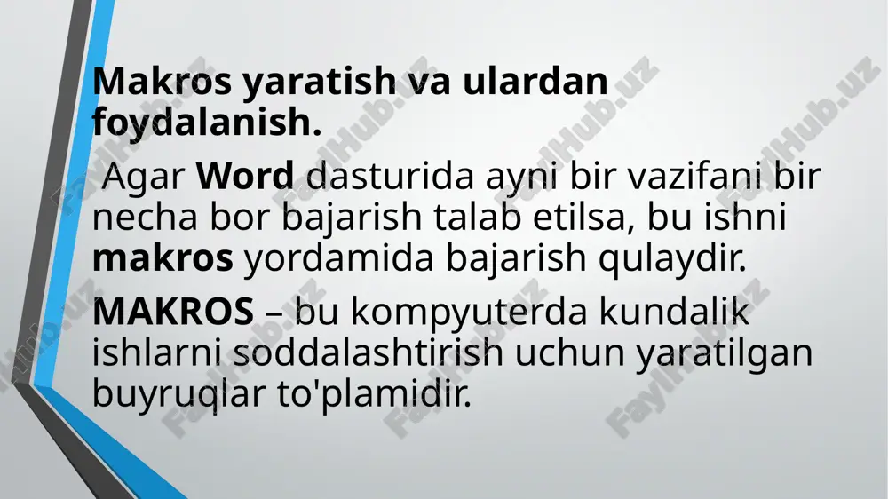harakatlar yozib olinmaydi. masalan, sichqoncha yordamida kursorning vaziyatini o‘zgartirish, obyektlardan nusxa olish va ularni bir joydan ikkinchi joyga ko'chirish mumkin emas. bunday harakatlarni yozish uchun klaviaturadan foydalaniladi. makros yozishni vaqtinchalik to‘xtatib turish va keyinchalik aynan shu joydan qaytib makrosni yozishni davom ettirish mumkin. makrosni tezda ishga tushirish uchun uskunalar panelida alohida tugmasini, menyu buyrug‘i yoki klaviaturada tugmalar mosligi ajratiladi. shundan so’ng makrosni bajarish uchun menyuda buyruqni tanlash, uskunalar panelida tugmachani bosish yoki klaviaturada tugmalar mosligini bosish kifoya bo‘ladi. makrosni ishga tushirish makros nomini tanlash orqali ham amalga oshiriladi. buning uchun “сервис” menyusidan “макрос” va “макросы” buyruqlari tanlanib, muloqot oynasidan bajarilishi lozim bo‘lgan makros nomini tanlanadi. harakatlar tartibi tekshirilib va makros bajarilishi uchun kerakli sharoitlar yaratilgach: “сервис” – “макрос” – “начать запись” buyruqlar ketma-ketligi tanlanadi. bunda “запись макроса” muloqot oynasi ochiladi. agar makrosga uskunalar panelida tugma belgilash yoki klaviaturada tugmalar mosligini berish yoki menyu buyrug‘ini belgilash kerak bo‘lmasa, ok tugmasi bosiladi. …
