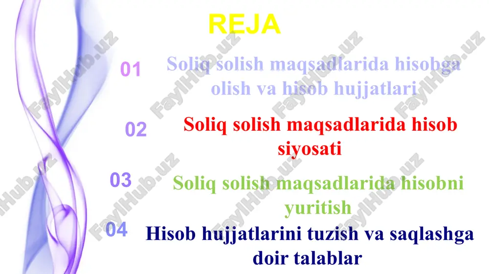 i tomonidan mustaqil ravishda belgilanadi. bunda hisob siyosati ixtiyoriy shaklda tasdiqlanadi va unda quyidagilar aks ettirilishi kerak: agar soliq to‘g‘risidagi qonunchilikda boshqacha qoida nazarda tutilmagan bo‘lsa, soliq to‘lovchi yoki soliq agenti tomonidan mustaqil ravishda ishlab chiqilgan soliq registrlarining shakli va ularni tuzish tartibi; unga rioya etilishi ustidan mas’ul mansabdor shaxslar; 3) soliq solish maqsadlarida alohida-alohida hisob yuritish tartibi, agar bunday hisob yuritish majburiyati ushbu kodeksda nazarda tutilgan bo‘lsa; 4) soliq to‘lovchi tomonidan foyda solig‘ini hisoblab chiqarish maqsadida sarflarni xarajatlar sirasiga kiritish, shuningdek qo‘shilgan qiymat solig‘ini hisobga olishning tanlangan usullari; 5) xedjirlanadigan tavakkalchiliklarni, xedjirlanadigan moddalarni va ularga nisbatan qo‘llaniladigan xedjirlash vositalarini aniqlash siyosati, xedjirlash operatsiyalari, shuningdek boshqa moliyaviy tavakkalchiliklar amalga oshirilgan taqdirda xedjirlash samaradorligi darajasini baholash uslubiyati; 6) aktivlarning har bir guruhi va kichik guruhi bo‘yicha amortizatsiya normalari (hisoblash usullari). 2) buxgalteriya hisobi to‘g‘risidagi qonunchilikka muvofiq ishlab chiqilgan amaldagi hisob siyosatiga yoki amaldagi hisob siyosatining bo‘limiga o‘zgartirish va (yoki) qo‘shimchalar kiritish. …