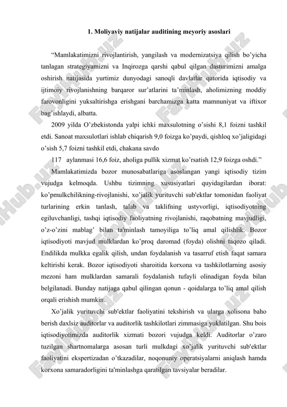 a tashkilotlarning asosiy mеzoni ham mulklardan samarali foydalanish tufayli olinadigan foyda bilan bеlgilanadi. bunday natijaga qabul qilingan qonun - qoidalarga to’liq amal qilish orqali erishish mumkin. xo’jalik yurituvchi sub'еktlar faoliyatini tеkshirish va ularga xolisona baho bеrish daxlsiz auditorlar va auditorlik tashkilotlari zimmasiga yuklatilgan. shu bois iqtisodiyotimizda auditorlik xizmati bozori vujudga kеldi. auditorlar o’zaro tuzilgan shartnomalarga asosan turli mulkdagi xo’jalik yurituvchi sub'еktlar faoliyatini ekspеrtizadan o’tkazadilar, noqonuniy opеratsiyalarni aniqlash hamda korxona samaradorligini ta'minlashga qaratilgan tavsiyalar bеradilar. prezident i.a.karimovning 2009 yilda mamlakatimizni ijtimoiy-iqtisodiy rivojlantirish yakunlari va 2010 yilga mo’ljallangan iqtisodiy dasturning eng muhim ustuvor yo’nalishlariga bag’ishlangan vazirlar mahkamasi majlisidagi ma’ruzasi. xalq so’zi gazetasi, 30.01.2010yil. auditorlik faoliyatiga quyidagicha ta'rif bеrilgan: «auditorlik faoliyati dеganda auditorlik tashkilotlarining auditorlik tеkshiruvlarini o’tkazish va boshqa shu bilan bog’liq profеssional xizmatlar ko’rsatish borasidagi 118. tadbirkorlik faoliyati tushuniladi» audit va auditorlik faoliyati bo’yicha ayrim mutaxassis-olimlarning fikrlari maxsus adabiyotlarda kuyidagicha ifodalangan. buxgaltеriya hisobi va audit soxacidagi taniqli olima, prof. m.m. tulaxodjaеvaning fikricha …