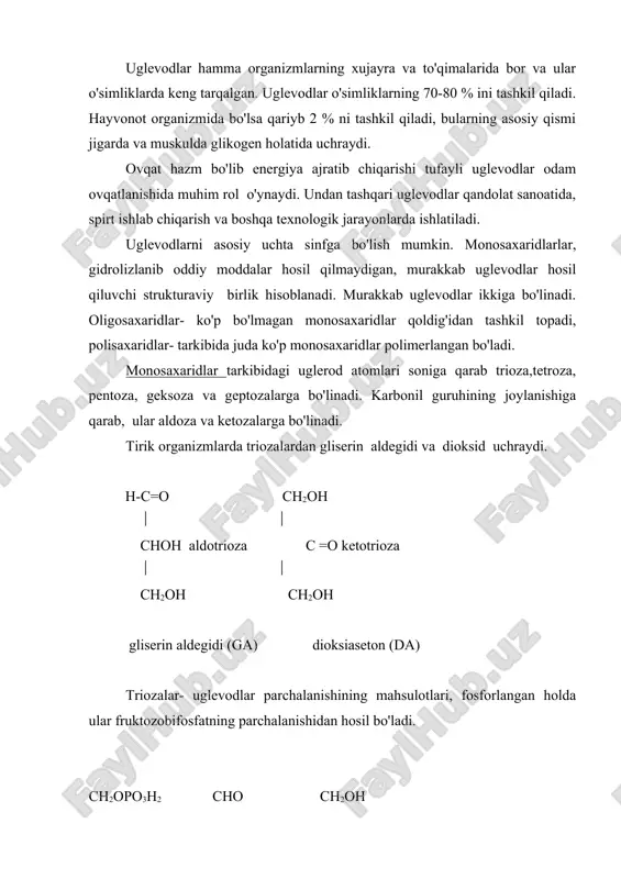 ( сн2он сн2оро3н2 eritroza eritrozo-4-fosfat hayvonot va o'simlik to'qimalari murakkab moddalari tarkibiga pentozalar kiradi. yetilgan mevalar shirasida kam miqdorda uchraydi. asosan uchta aldopentoza ko'p tarqalgan: (-arabinoza, (-ksiloza va d-riboza, chiziqsimon va xalqali shakllarda uchraydi. сно сно сно сно ( ( ( ( н- с-он с-он н-с-он н-с-н ( ( ( ( но-с-н но-с-н н-с-он н-с-он ( ( ( ( но-с-н н-с-он н-с-он н-с-он ( ( ( ( сн2он сн2сон сн2он сн2он (-arabinoza d-ksiloza d-riboza d-dezoksiriboza. d- arabinoza o'simliklarning shilimshiqlari gemiselyuloza va pektin moddalari tarkibida uchraydi. achitqilar arabinozaning bijg'ita olmaydi. d-ksiloza o'simliklarning gemisellyulozasi tarkibiga kiradi. u qandolat sanoatida ko'p ishlatiladi. d-riboza ribonuklein kislotasi (rnk) tarkibiga kiradi, nikotinamiddinukleotid (nad), nikotinamid dinukleotidfosfat (nfdf) komponenti hisoblanadi va bu moddalar organizm hayotida muhim rol o'ynaydi. d-dezoksiriboza dnk tarkibida d-riboza, sifatini tashqi muxitning har-xil bo'lishiga qaramasdan saqlaydi. sug'orish ta'sirida donning hosidorligi ko'payadi, lekinpentozalar miqdori kamayadi. kaliyli o'g'itlar bug'doy donidagi oqsil d-dezoksiriboza uglevodlarining pentozali siklda parchalanishida oraliq …