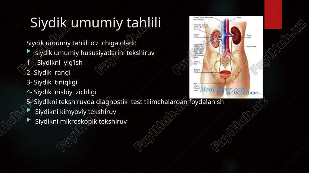 ishi mumkin. "pivo" rangidagi siydik parenhimatoz sariqlikda kuzatilishi mumkin. sutdek oq siydik buyrakni yoqli distrofiyasida, nefrotik sindromda, shuningdek, yiringli siydikda, fosfaturiyada bo’lishi mumkin. siydikni tiniqligi me`yoriy siydik tiniq va faqatgina turganda biroz xiralashishi mumkin. siydik tiniqligi to’liq va noto’liq bo’lishi mumkin. tiniq, kam loyqalangan va keskin loyqalangan siydik farqlanadi. siydikning loyqalanishi tuzlar, shilliq ajralishi, ko’p miqdorda shaklli elementlar, bakteriya, yog’larni bo’lishi bog’liq. loyqadan sentrifugalash bilan halos bo’lish mumkin. tuzli loyqalanishni ishqorlar va kislotalar qo’shib yo’qotish mumkin. bakterial loyqalanishda siydik mahsus filtrlar yordamida filtrlanadi, yog’li loyqalanishda esa efir, hloroform qo’shiladi. loyqalanish harakteri cho’kmani mikroskopik tekshirganda aniqlanadi. siydik nisbiy zichligi 1,000 dan 1,050 gacha bo’lingan urometr bilan aniqlanadi. tekshirilayotgaн siydik silindrga quyiladi (silindr diametri urometr diametridan 1-2 sm ga katta bo’lishi kerak). ko’pik hosil bo’lishini oldini olish uchun siydik asta- sekin silindr devorlari bo’ylab quyiladi. quruq urometr siydikka sekin tushiriladi. urometr tebranishlari to’xtagandan keyin pastki menisk bo’yicha ko’rsatkich aniqlanadi. nisbiy zichlik 1 …
