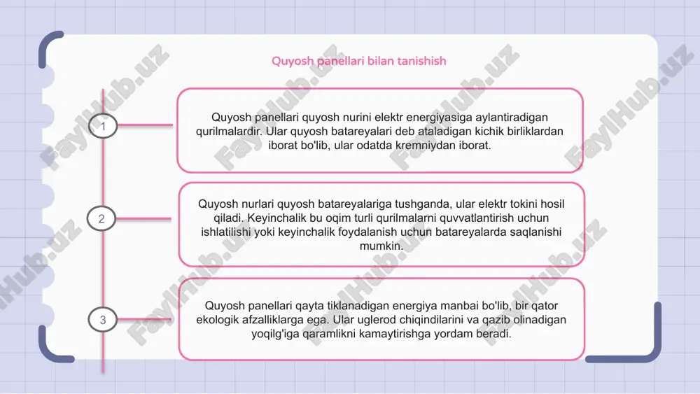 polikristalli va yupqa plyonkali panellarni o'z ichiga olgan har xil turdagi bo'ladi. har bir turning o'ziga xos afzalliklari va kamchiliklari bor. monokristalli panellar yuqori samaradorligi va zamonaviy ko'rinishi bilan mashhur. ular bitta kristalli strukturadan tayyorlangan bo'lib, ular quyosh nurini elektr energiyasiga yanada samarali aylantirish imkonini beradi. polikristal panellar esa bir nechta kristall tuzilmalardan iborat. ular monokristalli panellarga qaraganda arzonroq, ammo samaradorligi biroz pastroq. quyosh panellarini o'rnatish va texnik xizmat ko'rsatish quyosh panellari quyosh nurini elektr energiyasiga aylantiradigan qurilmalardir. ular maksimal quyosh nurini olishlari mumkin bo'lgan uyingizda yoki ochiq joylarda o'rnatiladi. quyosh panellarini o'rnatish ularni optimal burchak ostida joylashtirish va ularni binoning elektr tizimiga ulashni o'z ichiga oladi. quyosh panellariga texnik xizmat ko'rsatish axloqsizlik va qoldiqlarni olib tashlash uchun panellarni muntazam tozalashni, har qanday shikastlanish yoki nosozlikni tekshirishni va elektr aloqalarining to'g'ri ishlashini ta'minlashni o'z ichiga oladi. quyosh panellarining kelajagi quyosh panellari tezda qayta tiklanadigan energiya uchun quyosh energiyasidan foydalanishning eng …