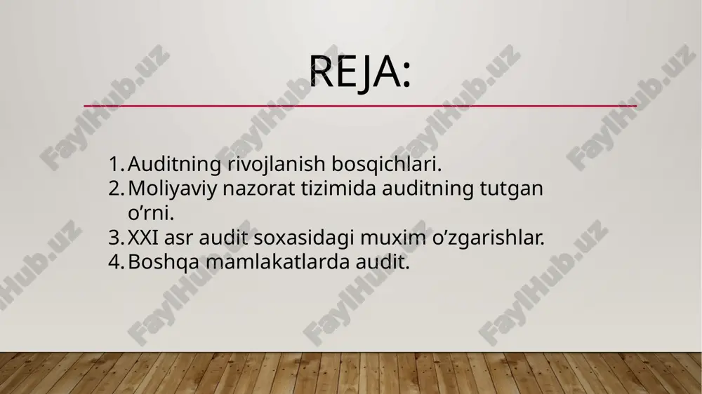 da, yer egasi bir shaxsga yer xaqini ijarachilardan to’plashni, ikkinchi shaxsga esa mustaqil ravishda shu to’plangan mablag’larning xisobini yuritish vazifasini topshirgan. ma’lum davrdan keyin esa yer egasi auditorni taklif qilgan va yer xaqi bo’yicha xisob kitob ma’lumotlari bilan haqiqatda kelib tushgan pul mablag’larini o’zaro solishtirishni so’ragan. auditor solishtirish natijalarini yer egasiga taqdim etgan va yuzaga kelgan farqlar sababini aniqlagan. sano’at revolyutsiyasi davrida audit ushbu davr angliyada davlat ro’yxatidan o’tgan dunyodagi dastlabki korporatsiyalar, ya’ni aktsiyadorlik jamiyatlarining yuzaga kelishi bilan izoxlanadi. bu davrda ushbu korporatsiyalarning moliyaviy hisobotlari xozirgidagi kabi korporatsiya direktorlari kengashi tomonidan tayyorlangan. ammo ushbu moliyaviy hisobotlarning auditini esa tashqaridan jalb etilgan mustaqil auditor emas, balki shu korporatsiyalarning aktsiyadorlari o’tkazganlar. bunga sabab, o’sha vaqtlardagi qonun talabiga ko’ra, korporatsiya moliyaviy hisobotlarini audit tekshiruvidan o’tkazmoqchi bo’lgan shaxs birinchi navbatda shu korporatsiyaning aktsiyasiga ega bo’lishi lozim bo’lgan. zamonaviy audit xozirgi zamonaviy auditining asoslari xix asr o’rtalarida, ya’ni 1844 yilda buyuk britaniyada «kompaniyalar to’g’risidagi qonun»ning …