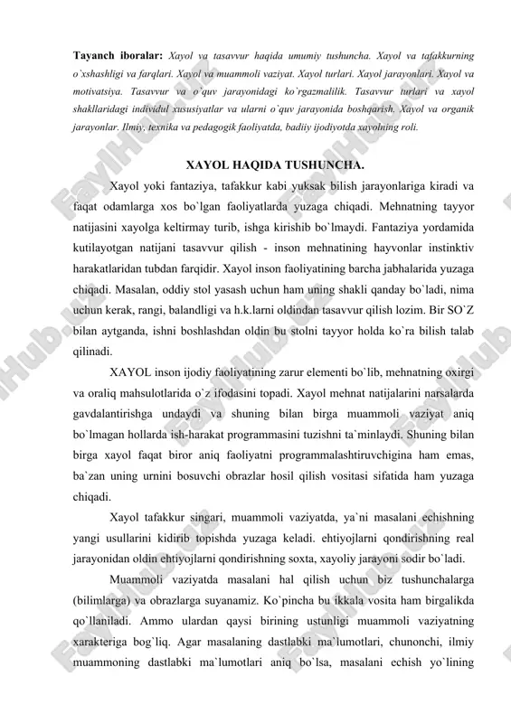 bilimlarga) va obrazlarga suyanamiz. ko`pincha bu ikkala vosita ham birgalikda qo`llaniladi. ammo ulardan qaysi birining ustunligi muammoli vaziyatning xarakteriga bog`liq. agar masalaning dastlabki ma`lumotlari, chunonchi, ilmiy muammoning dastlabki ma`lumotlari aniq bo`lsa, masalani echish yo`lining mohiyati ko`proq tafakkur qonunlariga tobe bo`ladi. agar muammoli vaziyat ko`p jihatdan o`zining noaniqligi bilan ajralib tursa, dastlabki ma`lumotlarni aniq analiz qilish juda qiyin bo`lsa xayol mexanizmlari ishga tushadi. xayol turlari xayol o`zining faolligi va aktivligi bilan xarakterlanadi. shu bilan birga xayol kishini faollikka undovchi kuch, turtki sifatida ham ishlaydi. lekin ayrim hollarda xayol faoliyatning o`rnida, ya`ni soxta faoliyat sifatida harakat qilishi mumkin. odam og`ir ahvolga tushganda, biror masalani echa olmaganda, o`z xatolaridan qochishga harakat qilgan kabi hollarda u foydasiz orzularga, real hayotdan uzoq fantastika olamiga kirib ketishi mumkin. bunday hollarda kishi amalga oshirib bo`lmaydigan ish-harakat rejalarini tuzadi. xayolning bunday turi passiv xayol deb ataladi. passiv xayol ixtiyoriy yoki ixtiyorsiz yuzaga kelishi mumkin. ixtiyoriy ravishda yuzaga keltirilgan, …