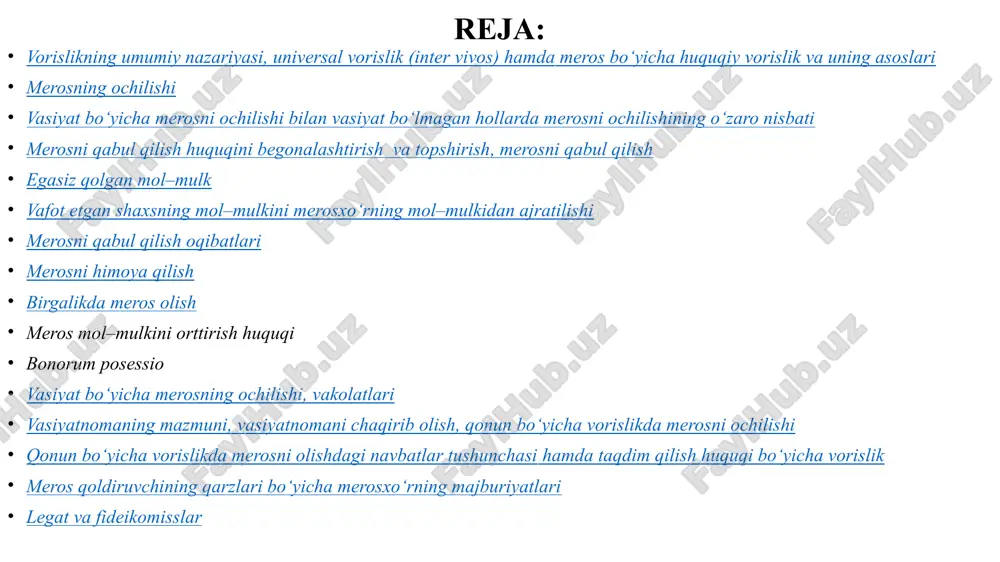 y mulkning taqdirini vafot etganidan so’ng, hal qiluvchi farmoyishni o’zi tirikligida (dastlabki paytda og’zaki, keyinchalik esa yozma asosda) odat normalariga va qonunlarda belgilangan tartibda rasmiylashtirganlar vorislik huquqi tushunchasi va turlari vorislik munosabatlari dastlab xii jadval qonunlarida ko’rsatilib, bu qonunlarga asosan, vorislik munosabatlari 2 qismga bo’lingan: 1) qonun bo’yicha vorislik (successio legitima); 2) vasiyat bo’yicha vorislik (successio testamentaria). rim quldorlik davlatidan oldin vujudga kelgan vorislik huquqini qabul qilish munosabatlari vasiyatnomasiz amalga oshirilgan bo’lsa, bu munosabatlar qonun bo’yicha vorislik deb atalib, uning huquqiy rejimi qonun bo’yicha vorislik asosida hamda ko’proq xii jadval qonunlari bilan tartibga solingan xii jadval qonunlariga asosan, meros qoldiruvchi shaxs vafot etishidan oldin vasiyatnoma qoldirmagan bo’lsa, uning birinchi meros oluvchisi agnatlar bo’lib, uning katta o’g’li hisoblangan. barcha mulk meros massasi aka-ukalarga, opa-singillarga, o’limidan keyin tug’ilgan farzandiga, umuman agnatlar oilasiga o’tkazilgan vorislik huquqi tushunchasi va turlari qadimgi rim huquqiy munosabatlarida vorislik huquqi o’z xarakterli xususiyatlariga ega bo’lgan: 1) merosni qabul …