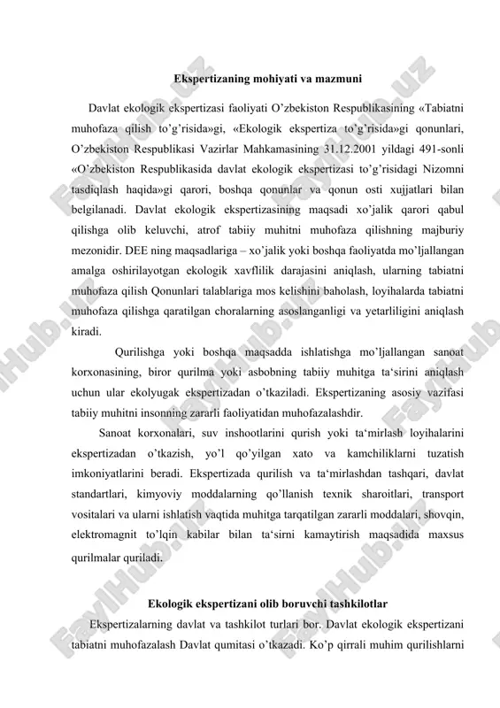 i olib boruvchi tashkilotlar ekspertizalarning davlat va tashkilot turlari bor. davlat ekologik ekspertizani tabiatni muhofazalash davlat qumitasi o’tkazadi. ko’p qirrali muhim qurilishlarni har tomonlama mukammal o’rganish maqsadida har xil mutaxassislardan iborat ekspert komissiya tuziladi. tashkilotlarning ekologik ekspertizasini vazirlik va tashkilotlarning tabiatni muhofazalash bo’limi va sanitar-epidemiologiya bo’limi xodimlari o’tkazadilar. ekspertiza davlatning ekologiyaga oid qonun va qoidalariga asoslanib olib boriladi, chiqariladigan chiqindi va salbiy ta‘sirlar me‘yornomada ko’rsatiladi. («pdk» dan oshib ketmasligiga alohida ahamiyat beradi). sanoat yoki asbob-uskunani ekologik jihatdan sozligini va xavfsizligini ularning ma‘lum miqdordagi mahsulotga chiqariladigan chiqindi va uning toksik xususiyatlari belgilaydi. agar yangi texnologik jarayon oldingisiga nisbatan kamroq chiqindi chiqarsa, u ekologik xavfsizroq hisoblanadi. atrof-muhitni muhofaza qilishda inson salomatligini saqlash uchun zaxarli kimyoviy moddalarni qo’llashga taalluqli maxsus sanitariya va agrotexnika qoidalariga so’zsiz amal qilish lozim. tuproqning turli zaxarli kimyoviy moddalar bilan ifloslanishini muhofaza qilish davlat standarti (17.4.1.02.-83) asosida olib boriladi. mazkur standartga muvofiq tuproqni zaxarli kimyoviy moddalar bilan ifloslanishi ustidan …
