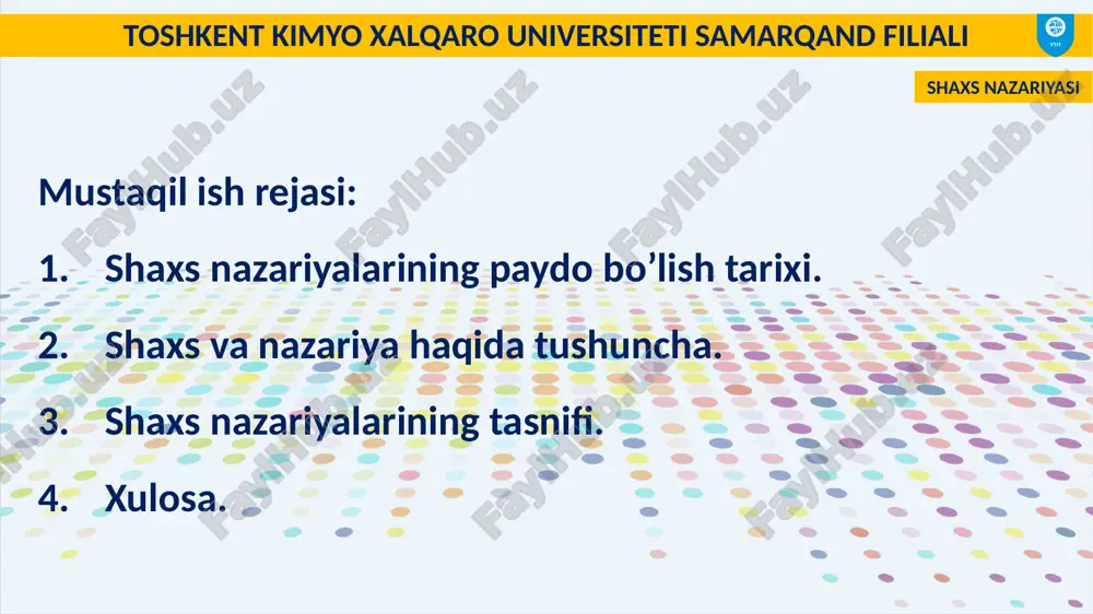ini yaxlit inson sifatida his etishi, o‘z xususiyatlari va sifatlari bilan boshqalardan farq qilmog‘i kerak. shaxs va nazariya haqida tushuncha. shaxs nazariyasi toshkent kimyo xalqaro universiteti samarqand filiali nazariya — biror hodisa va faktlarni izohlovchi va bashorat qila biluvchi bilimlar tizimi, sxemasidir. shaxs nazariyasi toshkent kimyo xalqaro universiteti samarqand filiali shaxs nazariyalarining tasnifi. inson sub'ektining shaxsiyatini o'rganishga qaratilgan qirqga yaqin yondashuv va tushunchalari mavjud. shaxs nazariyasi toshkent kimyo xalqaro universiteti samarqand filiali shaxsning asosiy nazariyalari quyidagi nazariyalar xisoblanadi: shaxsiyatning analitik nazariyasi. shaxsning psixodinamik nazariyasi. shaxsiyatning gumanistik nazariyasi. shaxsiyatning kognitiv nazariyasi. shaxsiyatning faoliyat nazariyasi. shaxsiyatning o'zini tutish nazariyasi. shaxsiyatning dispozitsiya nazariyasi. shaxsiyatning zamonaviy nazariyasi. shaxs nazariyasi toshkent kimyo xalqaro universiteti samarqand filiali shaxsiyatning analitik nazariyasi. ushbu yondashuvga ko'ra, shaxs - bu amalga oshiriladigan va tug'ma arketiplar jamoasi. shaxsning tuzilishi - bu ongli va ongsiz, alohida va ekstraditsiya qilingan shaxsiy munosabatlarning alohida bloklari o'rtasidagi munosabatlarning o'ziga xosligi. shaxs nazariyasi toshkent kimyo xalqaro …
