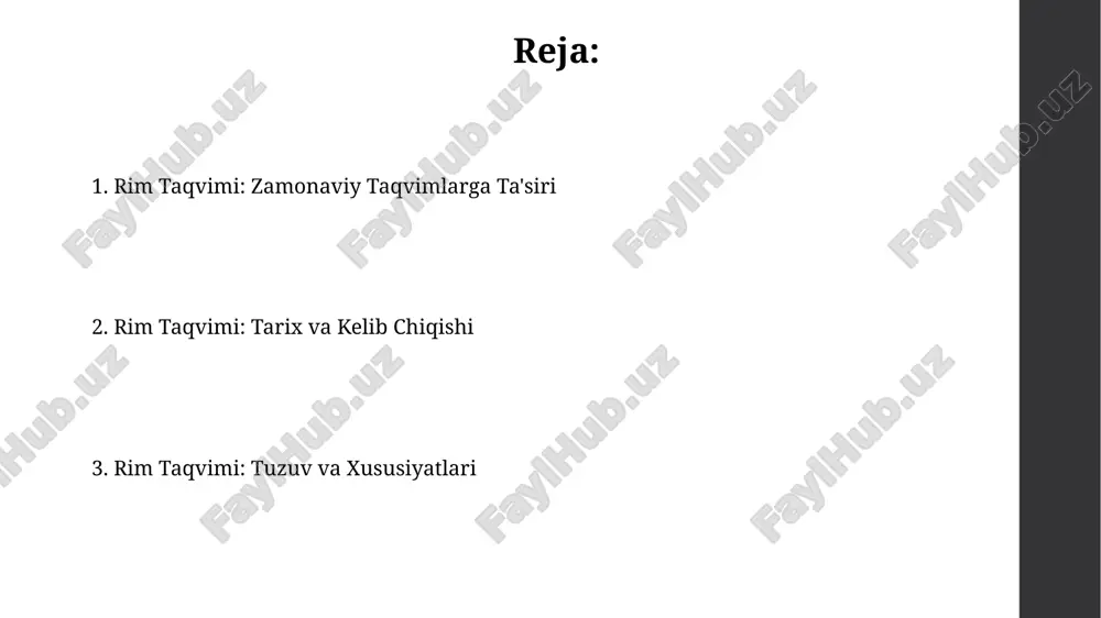 regorian taqvimiga o'tilgandan so'ng, yuliy taqvimiga nisbatan 10 kunlik farq yuzaga keldi, bu esa tarixiy tadbirlarni xronologik aniqlashda muhim ahamiyat kasb etadi. 1917-yilgi oktyabr inqilobidan keyin rossiya federatsiyasi gregorian taqvimiga o'tdi, bu esa 13 kunlik farqni keltirib chiqardi va bu o'zgarishlar mamlakatning vaqt hisobi tizimida muhim burilish nuqtasini belgiladi. yil davrlari va fasllar rim taqvimida yil 365 kun, ba'zan 366 kundan iborat bo'lib, 12 oyga bo'lingan va har bir fasl taxminan 90-92 kun davom etgan. rim taqvimida fasllar, quyoshning ekvatorga nisbatan holati bilan belgilanib, bahor, yoz, kuz va qish fasllariga bo'lingan va har bir faslning boshlanish va tugash sanalari taxminiy hisoblangan. rim taqvimining kundalik hayotga ta'siri rim imperiyasi davrida taqvimning aniqligi va ishlatilishi davlat boshqaruvi va soliq yig'ish tizimining samaradorligiga ijobiy ta'sir ko'rsatib, byurokratiya jarayonlarini soddalashtirgan. rim taqvimining 365 kunlik tsikli qishloq xo'jaligida ekin ekish va yig'im-terim vaqtlari bilan bog'liq muhim qarorlar qabul qilishda hal qiluvchi rol o'ynagan, bu o'z …