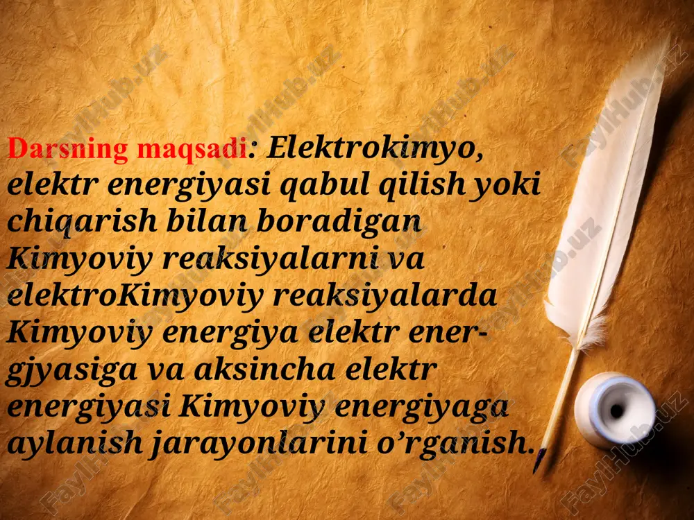 iy, magniy kabi metallar taqatgina elektrokimyoviy usulda olinadi. avtomobil sanoatida, mashinasozlik va boshqa qator sohalarda metallar sirtini elektrokimyoviy qoplash (galvanoplastika) usulidan keng foydaniladi. galvonoplastika orqali buyumlarning aniq metall nusxalari olinadi. bosmaxonalarda klishelar, matritsa, bosrna radiotexnik sxemalartayyorlanadi. po'latni elektrokimyoviy silliqlash aluminiy va magniyni oxorlash ishlari ham elektroliz yordamida bajariladi. nikellash, xromlash, oltin, kumush bilan sirtini qoplash kabi bir qator muhim ishjar amalga oshiriladi suvli eritmalar va suyuqlanmalar elektrolizining nazariy asoslari elektroliz deb, elektrolit eritmasidan yoki suyuqlanmasidan o'zgarmas elektr toki o'tganda sodir bo'ladigan oksidlanish — qaytarilish reaksiyasiga aytiladi. bunda elektrolitlar parchalanib, elektrodlarda mahsulotga aylanadi. elektrodlarda elektr tokining paydo bo'lishi bilan (tok manbaiga ulangach) elektrolitlar parchalanib, kation va anionlar hosil qiladi sanoatda eritmalar elektrolizida turli ishlab chiqarishlarda tok °°'yicha unum 60-90 % dan va energiyadan foydalanish darajasi ->u—60 % dan oshmaydi. suyuquqlanmalar elektrolizida esa tok bo'yicha unum 70—80 % ni tashkil etsa, energiyadan foydalanish eritma elektrolizidan ancha past bo'iadi. masalan, a1203 va kriolit …