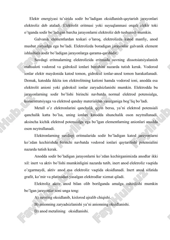 soni unga teng: a) suvning oksidlanib, kislorod ajralib chiqishi. b) anionning zaryadsizlanishi ya’ni anionning oksidlanishi. d) anod metalining oksidlanishi. bu uch jarayonning qay biri eng kam energiya talab qilsa, shunisi amalga oshadi. elektroliz qonunlari elektr energiya bilan kimyoviy jarayonlar orasida miqdoriy bog’lanish borligini dastlab (1836-yilda) ingliz olimi m.faradey aniqladi. faradey o’z tajribalarini bajarishda bir necha galvanik elementni ketma-ket o’lchab batareya hosil qildi, elektroliz qilishda ana shu batareyadan elektr manbai sifatida foydalandi va elektroliz qonunlarini tavsiflab berdi. elektrolizning birinchi qonuni quyidagicha. elektroliz vaqtida elektroddan ajralib chiqadigan moddaning og’irlik miqdori eritmadan o’tgan elektr miqdoriga to’g’ri proporsionaldir. agar elektrodda ajralib chiqqan moddaning og’irlik miqdorini t bilan, elektr miqdorini q bilan, tok kuchini i bilan, vaqtni t bilan belgilasak, faradeyning 1 qonuni quyidagicha yoziladi. m = kq = kit; bu yerda k - ayni elementning elektrokimyoviy ekvivalenti, ya’ni eritma orqali 1 kulon elektr o’tganda ajralib chiqadigan miqdori. elektrolizning 2-qonuni: agar bir necha elektrolit eritmasi …
