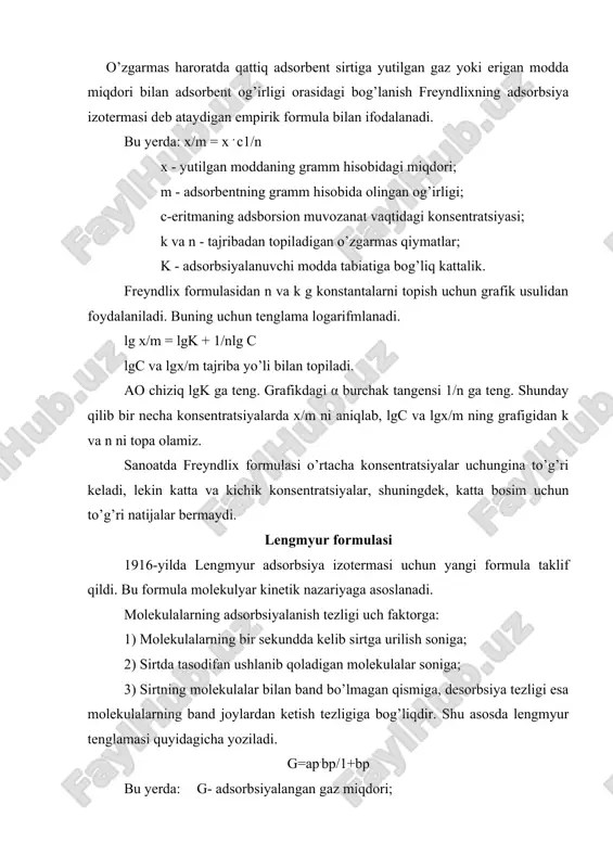 simal solishtirma adsorbsiya c-eritmaning adsorbsion muvozanat vaqtidagi konsentratsiyasi k - konstanta suyuqlik sirtida bo’ladigan adsorbsiya suyuqlik sirtida bo’ladigan adsorbsiya ikkiga bo’linadi: 1) musbat adsorbsiya 2) manfiy adsorbsiya suvga organik kislota yoki spirt (yoxud aldegid, keton, murakkab efir, oqsil va hokazolar) aralashtiriladi, bu moddalar suvini sirt qavatida yig’ilib, suvning sirt tarangligini kamaytiradi. bu musbat adsorbsiya. lekin shunday moddalar borki, ular suv sirtiga tushib qolsa, suvning sirt tarangligini oshirib yuboradi. bular qatoriga osh tuzi va boshqa elektrolitlar kiradi. bu hodisa manfiy adsorbsiyalar. sanoatda ko’pincha sirt aktiv moddalar ishlatiladi. suyuqlikni sirt tarangligini kamaytiruvchi moddalar sirt aktiv moddalar, sirt tarangligini oshiruvchi moddalar sirt noaktiv moddalar deyiladi. gibbs tenglamasi suyuqlik sirtidagi adsorbsiya bilan suyuqlikning sirt tarangligi orasidagi miqdoriy bog’lanishni gibbs quyidagi tenglamasi orqali tushuntiradi. g = - c/rt* d/dc; g - erigan moddaning suyuqlik sirt birligrida yig’ilgan miqdori; c - eritma konsentratsiyasi; r - gaz konstantasi; t - absolyut harorat; d/dc - konsentratsiya o’zgarganda sirt …