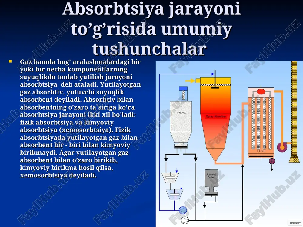 h uchun issiqlik almashinish qurilmalari 3 kiradi. yutuvchi suyuqlik gazning yo’nalishi bo’yicha oxirgi absorberga beriladi, yuqoridan pastga oqib, qabul qiluvchi yig’gichga tushadi va nasos yordamida sovitgich orqali oldingi absorberga yuboriladi. shunday qilib gaz va suyuqlikning qarama - qarshi yo’nalishdagi o’zaro ta’siri yuz beradi. qarama - qarshi yo’nalishli absorbtsiya qurilmasining sxemasi: 1 – eritma yig’gich; 2 – absorberlar; 3 – sovitgichlar; 4 – nasoslar gazni qayta ishlash zavodlaridagi asosiy jarayon bu – benzinsizlashtirish jarayoni hisoblanadi. qayta ishlanadigan neft gazini hajmidan, bu gazdagi zarur komponentlarni ajratish darajasiga va boshqa omillarga ko’ra benzinsizlashtirishni to’rt usuli qo’llaniladi: • kompressorlash; • past temperaturali kondensatsiya va rektifikatsiya; • absorbsiyalash; • adsorbsiyalash; benzinsizlantirishni kompressorlash usulida gazni siqishga asoslangan bo’lib, havoli va suvli sovutkichlarda sovitiladi. bunda gaz tarkibidagi og’ir uglevrdorodlar va suv bug’lari kondensaciyalanadi, so’ngra separatorlarda ajratiladi. bu usul orqali gazdan zarur komponentlardan etarli darajada ajratish imkonini ta`minlaydi va odatda boshqa benzinsizlashtirish usullari bilan birikkan holda o’tkazish talab …