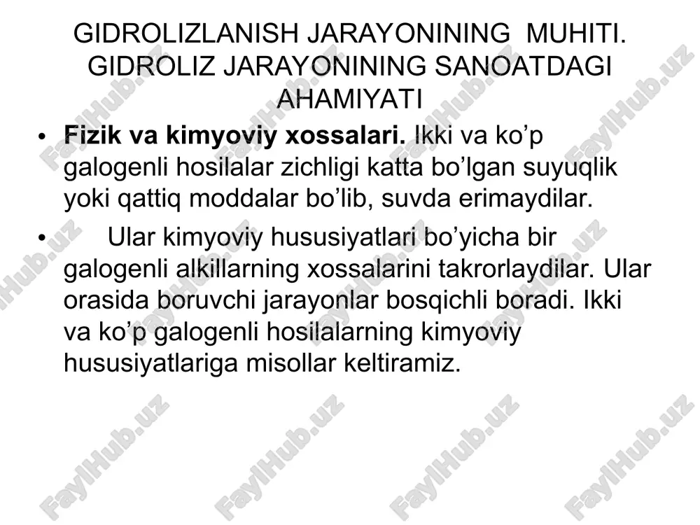 ing gidrolizlanishidan ikki atomli spirtlar hosil bo’ladi: tuzilishida galogen atomlari bilan birga qo’shbog’ yoki uchbog’lar bo’lgan birikmalarga to’yinmagan uglevodorodlarning gelogenli hosilalari deyiladi. nomlanishi va izomeriyasi. bularning nomlanishi to’yingan uglevodorodlarning bir galogenli hosilalarini nomlashga o’xshash. olinish usullari. bularni etilen, atsetilen uglevodorodlariga galogen yoki vodorodlar ta’sir ettirib olish mumkin, ya’ni bu jarayonlarning borish sharoitlari yuqorida to’liq keltirilganligi uchun bu haqda to’xtab o’tirmaymiz. fizik va kimyoviy xossalari. bularning fizik xossalarida umumiy qonuniyatlar kuzatiladi. kimyoviy xossalari bo’yicha ularni quyidagi guruhlarga bo’lish mumkin: a) galogen qo’shbog’ni yonidagi uglerod atomi bilan bog’langan (i); b) galogen qo’shbog’ga nisbatan -holatdagi uglerod atomi bilan bog’langan (ii) va v) galogen qo’shbog’dan uzoqdagi uglerod atomi bilan bog’langan (iii). galogen qo’shbog’ning yonidagi uglerod atomi bilan bog’langan birikmalarda galogen kam qo’zg’aluvchan bo’lib, bu birikmalar asosan biriktirib olish jarayonlarigagina kirisha oladilar. ularda elektron bulutlar quyidagicha yo’nalgan: shuning uchun ularga turli molekulalarning birikishi markovnikov qoidasiga binoan boradi: nukleofil o`rin olish reaksiyalari. galoidalkillardagi galogen atomi bilan …