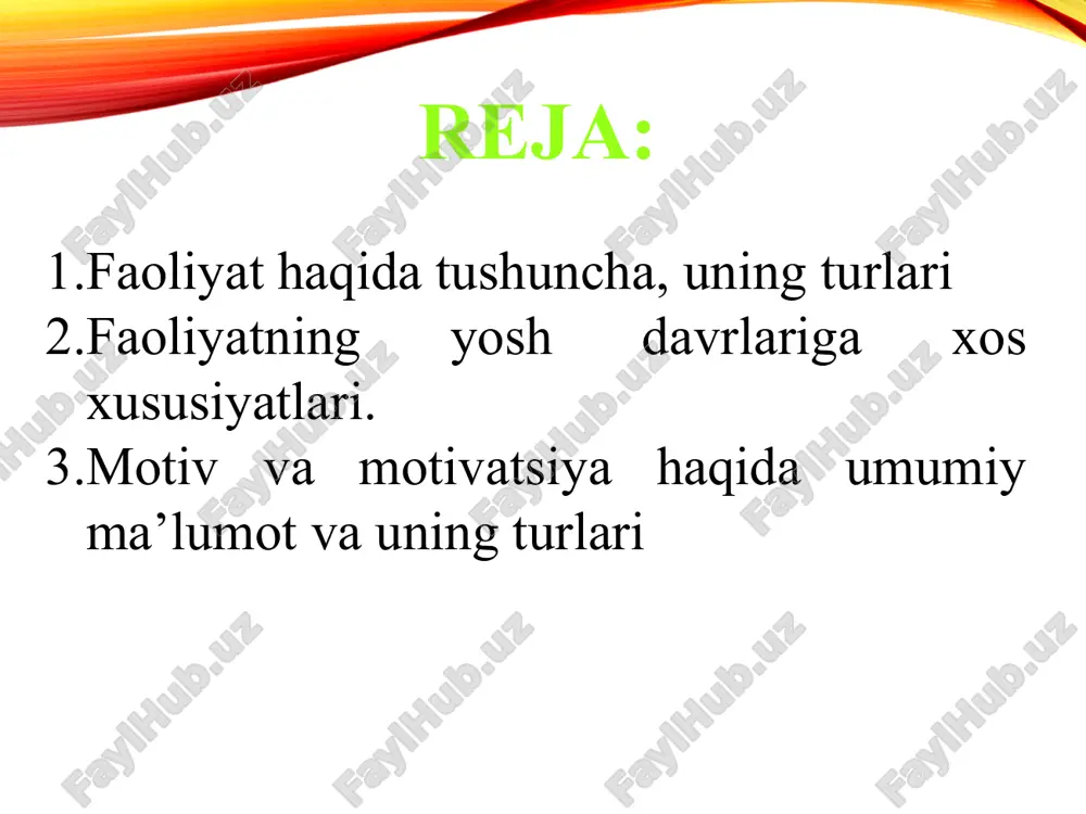 lotlari orqali amalga oshiriladi. yordamchi qurollar, vositalar yasashi mumkin, ammo undan qurol sifatida doimo foydalanmaydi. bir qurol yordamida boshqa qurol yasay olmaydi. mehnat qurollari yasab, uni keyingi avlodlariga ham qoldirishi mumkin. turli predmet va qurollardan foydalanib, yangi qurol va vositalar yarata oladi. tashqi muhitga moslashadi o'z ehtiyojlariga muvofiq tarzda tashqi dunyoni o'zgartiradi. odamning faoliyati yoshlik davridan boshlab butun insoniyat tajribasi bilan belgilanadi. faoliyat yordamida odam o‘zi mansub bo‘lgan muhitni o‘ziga buysundiradi, uni o‘z ehtiyojlariga muvofiq o‘zgartiradi. shunday qilib, odamning faoliyati bilish va irodaga asoslanadi. faoliyat faollikni anglab olingan maqsad bilan boshqaradi. faoliyatni anglash qanday darajada bo’lmasin maqsadni anglash hamma vaqt ham zaruriy belgi sifatida qolaveradi. faoliyat tarkibini tashkil etuvchi harakatlar va amallar shaxs tomonidan anglangan ham, anglanmagan ham bo‘lishi mumkin. bu hol odamning yoshi va ma’suliyati bilan ham bog‘liq bo‘ladi. narsalar bilan jismoniy tarzda qilinadigan ishlar shu narsalarning mazmuni bilan almashinadi. tashqi real ishdan ichki ideal ishga mana shunday o’tish …