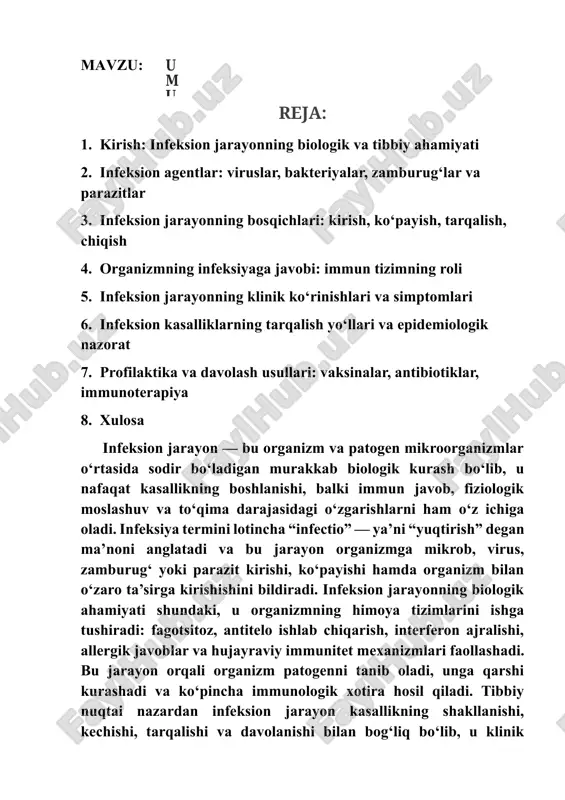 oyon qiladi, organizm esa immunologik va fiziologik javoblar orqali javob qaytaradi. infeksion jarayonning og‘irligi mikroorganizmning kuchiga, organizmning immun holatiga va tashqi muhit omillariga bog‘liq. ba’zi mikroblar organizmga kirganida darhol kasallik chaqiradi, boshqalari esa faqat immunitet zaiflashganda faollashadi (autoinfeksiya). infeksion jarayonning tibbiy ahamiyati shundaki, u kasallikni aniqlash, davolash va oldini olish strategiyalarini ishlab chiqishda asosiy mezon bo‘lib xizmat qiladi. yuqumli kasalliklar insoniyat tarixida eng ko‘p o‘limga sabab bo‘lgan holatlardan biri bo‘lib, zamonaviy tibbiyotda vaksinalar, antibiotiklar, immunomodulyatorlar va epidemiologik nazorat tizimlari aynan infeksion jarayonni chuqur tushunishga asoslanadi. shu sababli infeksion jarayon — bu nafaqat kasallik, balki organizmning biologik javobi, tibbiy muammo va ilmiy izlanish obyekti sifatida alohida ahamiyatga ega. infeksion agentlar — bu organizmga kirib, unda kasallik chaqiruvchi mikroorganizmlar bo‘lib, ular to‘rt asosiy guruhga bo‘linadi: viruslar, bakteriyalar, zamburug‘lar va parazitlar. har bir guruh o‘zining tuzilmasi, ko‘payish usuli, patogenlik darajasi va organizmga ta’sir mexanizmi bilan ajralib turadi. viruslar — bu eng oddiy, ammo …