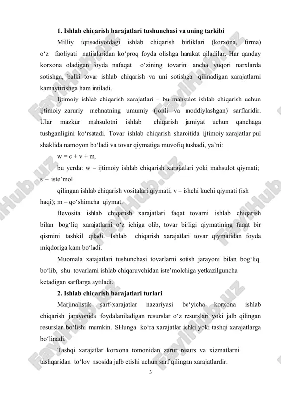 ga boʻlinadi. tashqi xarajatlar korxona tomonidan zarur resurs va xizmatlarni tashqaridan toʻlov asosida jalb etishi uchun sarf qilingan xarajatlardir. korxonaning oʻziga tegishli boʻlgan resurslardan foydalanishi bilan bogʻliq xarajatlar ichki xarajatlar deyiladi. ishlab chiqarish hajmining oʻzgarishiga (qisqarishi yoki ortishiga) ta’sir qilmaydigan xarajatlar doimiy xarajatlar deyiladi. oʻzgaruvchi xarajatlar (oʻx) deb ishlab chiqarish hajmining oʻzgarishiga ta’sir qiladigan xarajatlarga aytiladi. unga xomashyo, material, yonilgʻi, transport xizmati, ishchilar ish haqi va shu kabilarga qilinadigan sarflar kiradi. ishlab chiqarishning har bir darajasida doimiy va oʻzgaruvchi xarajatlar yigʻindisi umumiy xarajatlar (ux)ni tashkil qiladi. 3. qisqa va uzoq davrda ishlab chiqarish harajatlarining oʻzgarish tamoyillari ishlab chiqarish xarajatlarini hisobga olishda vaqt omili, ya’ni xarajat qilingandan pirovard natija olinguncha oʻtgan davr sezilarli ta’sir koʻrsatadi. shu sababli vaqt omilidan kelib chiqib, ishlab chiqarish xarajatlarini qisqa va uzoq muddatli davrda alohida tahlil qilinadi. qisqa muddatli davr – bu korxonaning faqat oʻzgaruvchi xarajatlari miqdorini oʻzgartirish uchun taqozo etiladigan davrdir. bunday xarajatlar qatoriga quyidagilarni …