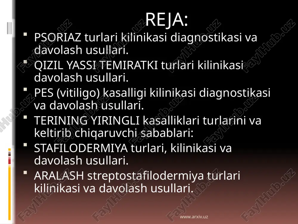 z www.arxiv.uz yuza piodermidlar yiringli toshma yoki impetigo follikulit sikoz chaqaloqlarning epidemik chla yarasi toshmaning xususiyatlari stafilokokkli piodermalarda-yallig’lanish jarayoni aksariyat teri xosillari, soch folikulalari, yog’ va teri bezlari bo’ladi. asosiy morfologik element – madda.uning shakli konussimon, po’sti esa qalin, tortilgan, ichida esa sarg’imtir-yashil yiring o’ladi. madda o’rtasida mayda soch chiqib turadi. streptokokklar qo’zg’atgan-piodermalarning morfologik elementlar soch va yog’ bezlarni faoliyati bilan bog’liq bo’lmaydi. yallig’lanish jarayoni yuza, maddalar shakli, yassi, po’sti nozik ichidagi ekssudat sroz – yiringli va bir-biriga qo’shilib ketishga moyil bo’ladi. shuning uchun tuzlardan keyin hech qanday chandiq qolmaydi, balki biroz pigmentli dog’ qoladi. chuqur piodermada dermaning pastki qatlamlari teri yoki yog’ qavatida yallig’lanishi o’zidan keyin chamdiq yoki chandiqli atrofiya kuzatiladi. www.arxiv.uz www.arxiv.uz chuqur piodermit furunkul va furunkulyoz bolalardagi sohta furunkulyoz yoki ko`p sonli abssesslar vulgar yoki streptakokkli ektima karbunkul gidradenit www.arxiv.uz www.arxiv.uz yiringli kasaliklarni davolash umumiy davolash mahalliy davolash etiboringiz uchun raxmat! www.arxiv.uz image2.jpeg image3.jpeg image4.jpeg image5.jpeg image6.jpeg