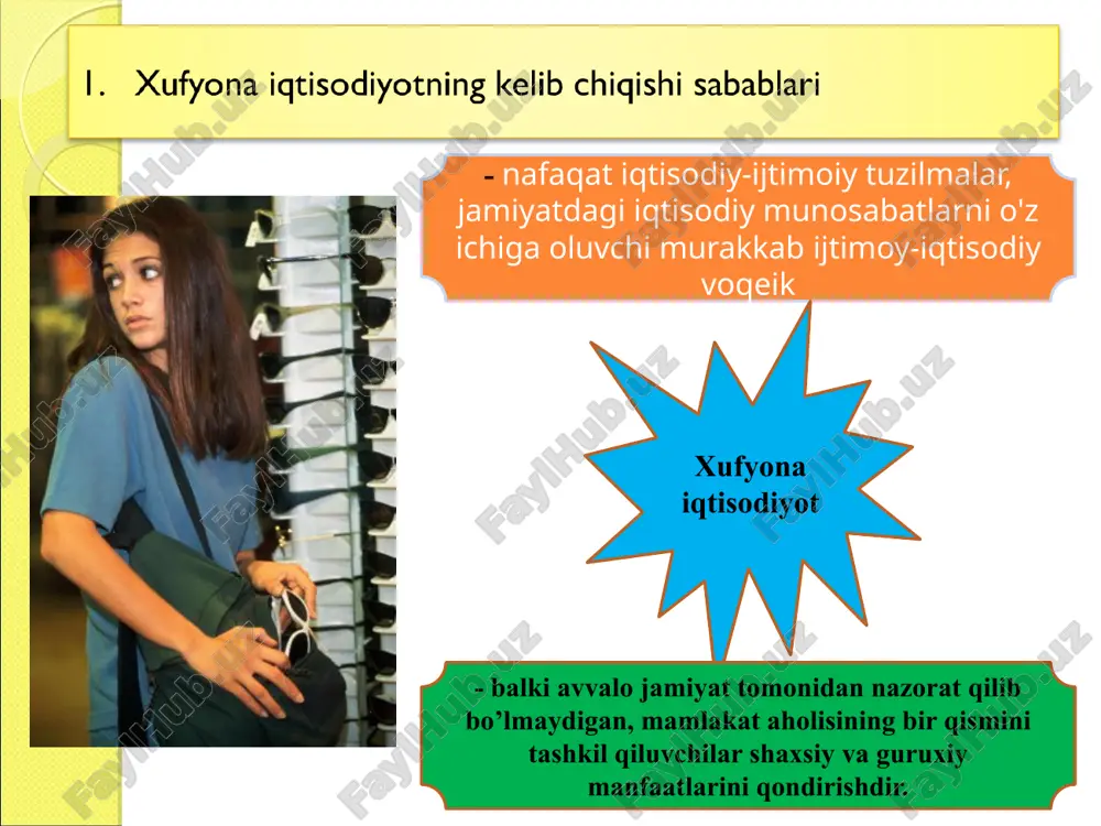 orasmiy itisodiyot - shahslar o'rtasidagi norasmiy alogalarga asoslangan iqtisodiy faoliyatdir. ushbu iqtisodiyotning o’ta havfliligi shundaki, unda biznes va davlat apparati amaldorlari birga qo’ishlib ketishi, korruptsiyaning rivozlanishi, alohida tadbirkorlar manfaatlarining zuravonlik orgali amalga oshirilishi yuz beradi. soxta iqtisodiyot - mohiyatan norasmiy iqtisodiyot bilan o'shash, fakat unda itisodiy faoliyatning “ yorug’ ” qismi to'liq yoki qisman soxta bo’ladi va xufyona faoliyatini amalga oshirishda. bundan tashgari soxta iqtisodiyotga qasdan soxta maqsadlarni ko’zlab amalga oshirilgan faoliyatni xam kiritish mumkin. misol tariqasida pul vositalarini nad pulga aylantirish, kreditlarni qaytarmaslik va boshqlarini keltirish mumkin. 2 3 3 uchinchi manba - khufena itisodietni "oziylantiradigan" manbalardan, yana biri uz xizmat lavozimini suistemol qilib, yoki asddan zaravonlik bilan iktisodiotning ishlab chiqarish vaigisimotkazili bundai faoliyat turlariga rasmiy itisodiy hayotda tuli incor etilgan, ular bilan kelisha olmaydigan, rasmiy iktisodietning buz olib keluvchi xatti-harakatlar qiladi ular quyidagilardan iborat: talon-taroj; qasddan hizmat mansabini suiistemol qilish va xujalik sohasidagi jinoyatlar; narkobiznes; qimor uyinlari; foxshabozlik; …