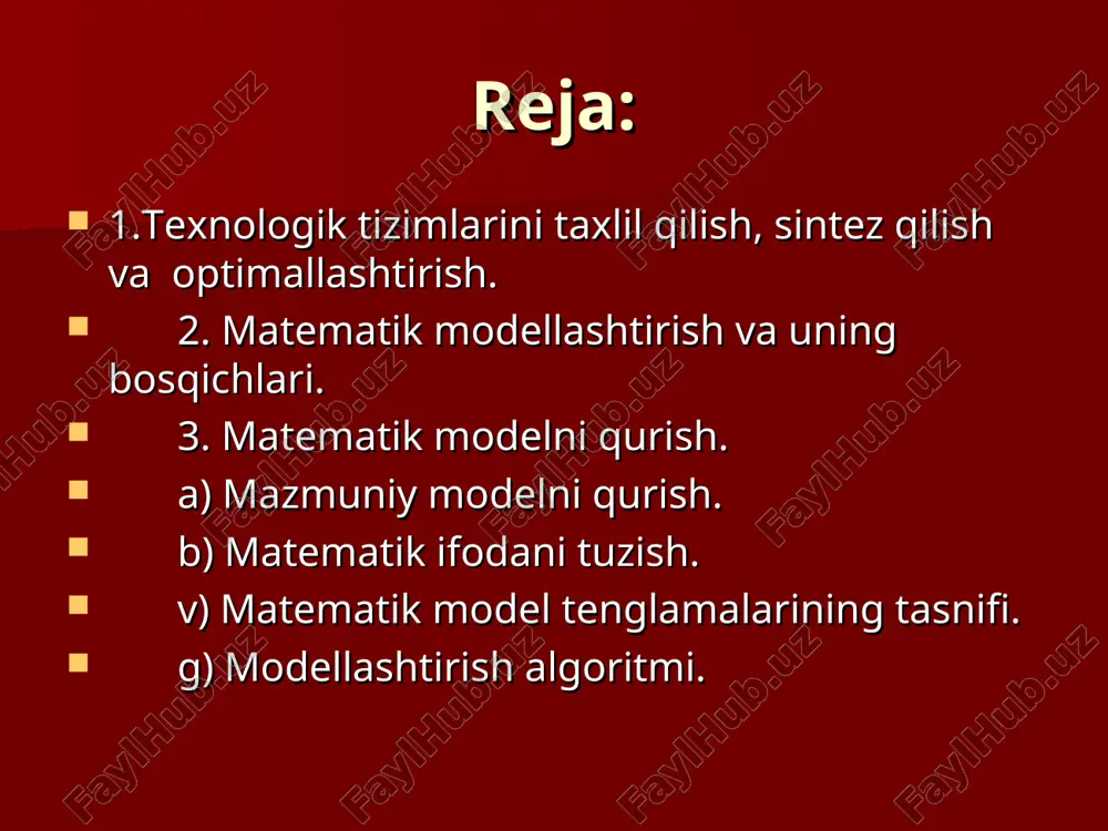 zimlarning optimallashtirish, tahlil qilish va sintez qilish masalalarini yechish mumkin. ehm ni texnologik jarayonlari va tizimlarini tadqiq qilishda qo‘llash matematik modellashtirish odatda texnologik ob’ektni o‘rganishda ma’lum qiyinchiliklar bo‘lsa, unda modellashtirish usullari qo‘llaniladi (masalan, ob’ektning xavfsizligi bo‘yicha tajriba o‘tkazish mumkin bo‘lmasa). modellashtirilayotgan ob’ekt xususiyatlarini uning modelida olingan anologik xususiyatlarni tahlil qilish yo‘li bilan o‘rganishga modellashtirish deyiladi. bunda model va ob’ekt o‘xshash bo‘lishi kerak. odatda o‘xshashlik fizik va matematik bo‘ladi. fizik modellashtirishda, ob’ekt xususiyatlari kichik masshtabli moslamalarda o‘rganilib, u ob’ektni o‘rganishni kam xarajatlar bilan o‘tkazishga imkoniyat beradi. fizik modellashtirishda ob’ektning ba’zi bir xususiyatlari modelda olingan natijalardan farqli bo‘lishi mumkin.shuning uchun odatda fizik modellashtirishda odingan natijalarni to‘g‘ridan-to‘g‘ri ob’ekt uchun qo‘llab bo‘lmaydi.