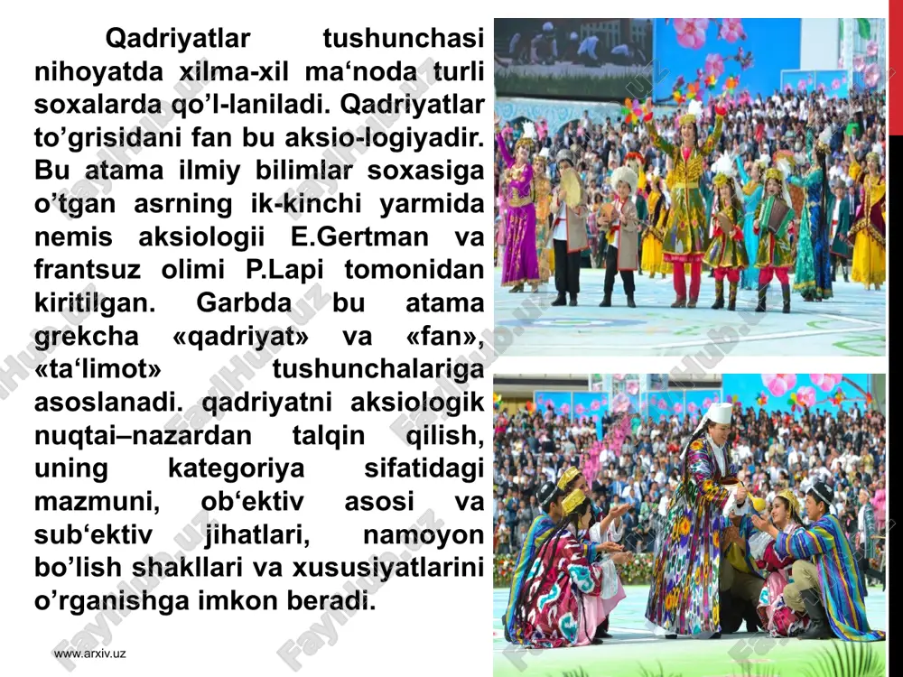 muniga qarab mantiqiy, etik, estetik va narsalar qad-riyatlariga bo’lish mumkin. shuningdek, qadriyatlarni haqi-qatni, ezgulikni, go’-zallikni ulug’lovchi qadriyatlarga ajratiш mumkin. www.arxiv.uz qadriyatlar jamiyat ijtimoiy - iqtisodiy, madaniy -ma‘naviy rataqqiyotining mahsulidir. shuning uchun ham qadriyatlarda zamonning ruhi, imkoniyatlari, o’sha zamonda yashagan odamlarning orzu - umidlari, isatklari, atlab va ehtiyojlari o’z ifodasini topadi. zamonlar o’tishi bilan qadriyatlarning mazmuni va ma‘nosi o’zgarib boradi. xuddi shuning uchun ham qadriyatlarning atrbiyaviy ahamiyatga baho berganda konkret atrixiy shart - sharoitlarni doimo nazarda tutmoq zarur. www.arxiv.uz qadriyatlarni jamiyat, millat hayotidagio’rni, ijtimoiy xarakteriga qarab milliy va umuminsoniy, sinfiy yokidiniy, shuningdek kishilarning yoshi, pro-fessional xususiyatlariga xos qadriyatlarga bo’lish mumkin. insonning qadr - qimmati, sha‘ni, or - nomusi, milliy g’ururi - milliy qadriyatlar bilan bevosiat bog’liq. milliy qadriyatlar, har bir millatning o’ziga xos xususiyatlari, xossalari, belgilari, alomatlarini ifodalovchifalsafiy tushunchabo’lib, o’sha millat bosib o’tgan ijtimoiy rataqqiyot jarayonida shakl-langan milliy madaniy meros xazinasiga qo’shgan hissasini, ulushini ifodalaydi. xuddi shu mil-liy o’ziga xoslik, o’ziga …