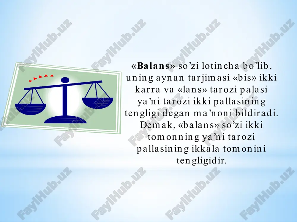 q muddatli aktivlar 1-bo’lim xususiy kapital 2-bo’lim majburiyatlar 2-bo’lim joriy aktivlar buxgalteriya balansi ko’rsatkichlar nomi satr kodi hisobot davri boshiga hisobot davri oxiriga ko’rsatkichlar nomi satr kodi hisobot davri boshiga hisobot davri oxiriga aktiv passiv 1. uzoq muddatli aktivlar 1. o’z mablag’lari manbalari balans moddalari balans moddalari: 1-bo’lim jami: 2-bo’lim jami 2. joriy aktivlar 2.majburiyatlar balans moddalari balans moddalari 2-bo’lim jami: 2-bo’lim jami: balans aktivi bo’yicha jami balans passivi bo’yicha jami маblag’lar (aktiv) uzoq muddatli aktivlar jоriy (mablag’lar) aktivlar pul mablag’lari kapital qo’yilmalar uzoq muddatli moliyaviy qo’yilmalar nomoddiy aktivlar debitorlik qarzlari asosiy vositalar ishlab chiqrish zaxiralari qisqa muddatli moliyaviy qo’yilmalar mablag’lar manbalari (passiv) ustav kapitali qisqa muddatli qarzlar kelgusi xarajatlar va to’lovlar uchun zaxiralar rezerv kapital uzoq muddatli qarzlar o’z mablag’lari manbalari majburiyatlar qo’shilgan kapital sotib olingan xususiy aktsiyalar таqsimlanmagan foyda maqsadli tushumlar xo’jalik muomalalari ta’sirida balansda sodir bo’ladigan o’zgarishlar 1 va 2-tipdagi o’zgarishlar oldingi balans summasini hech qachon o’zgartirmaydi …