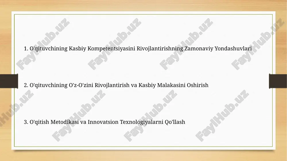 ologiyalarni qo'llash va 20 soatlik malaka oshirish kurslarini o'tash tavsiya etiladi. davlat ta'lim standartlariga muvofiq, o'qituvchilarning kamida 5 ta turli pedagogik uslubni qo'llash mahorati pedagogik mahoratni baholash mezonlariga kiritilgan. zamonaviy ta'lim talablari zamonaviy ta’lim talablari, xususan, o‘quvchilarning 21-asr ko‘nikmalarini rivojlantirishga, ya’ni tanqidiy fikrlash, muammo yechish va hamkorlik kabi ko‘nikmalarga e’tiborni kuchaytirishni talab qiladi. ta’lim jarayonida texnologiyalardan foydalanish, onlayn resurslar va platformalardan samarali foydalanish, o‘quvchilarning raqamli savodxonligini oshirish zamonaviy ta’limning muhim jihatlaridan biri hisoblanadi. baholash va monitoring monitoring natijalariga asoslanib, o‘qituvchilarning 80% dan ortig‘i malaka oshirish kurslariga yo‘naltirilsa, ta’lim sifatining 15% ga oshishi kuzatiladi. o‘qituvchilarning o‘z-o‘zini baholashini muntazam ravishda o‘tkazish va natijalarni tahlil qilish orqali kamida 6 oyda bir marta professional rivojlanish rejasini yangilash mumkin. o'qituvchining shaxsiy sifatlari o'qituvchining yuqori darajadagi empatiyasi (taxminan 80% hollarda) o'quvchilar bilan samarali munosabatlarni o'rnatish va ularning ehtiyojlarini tushunishda muhim rol o'ynaydi. o'qituvchining o'z-o'zini boshqarish ko'nikmalari (masalan, stressga chidamlilik, vaqtni samarali boshqarish) kamida 5 yillik tajriba …